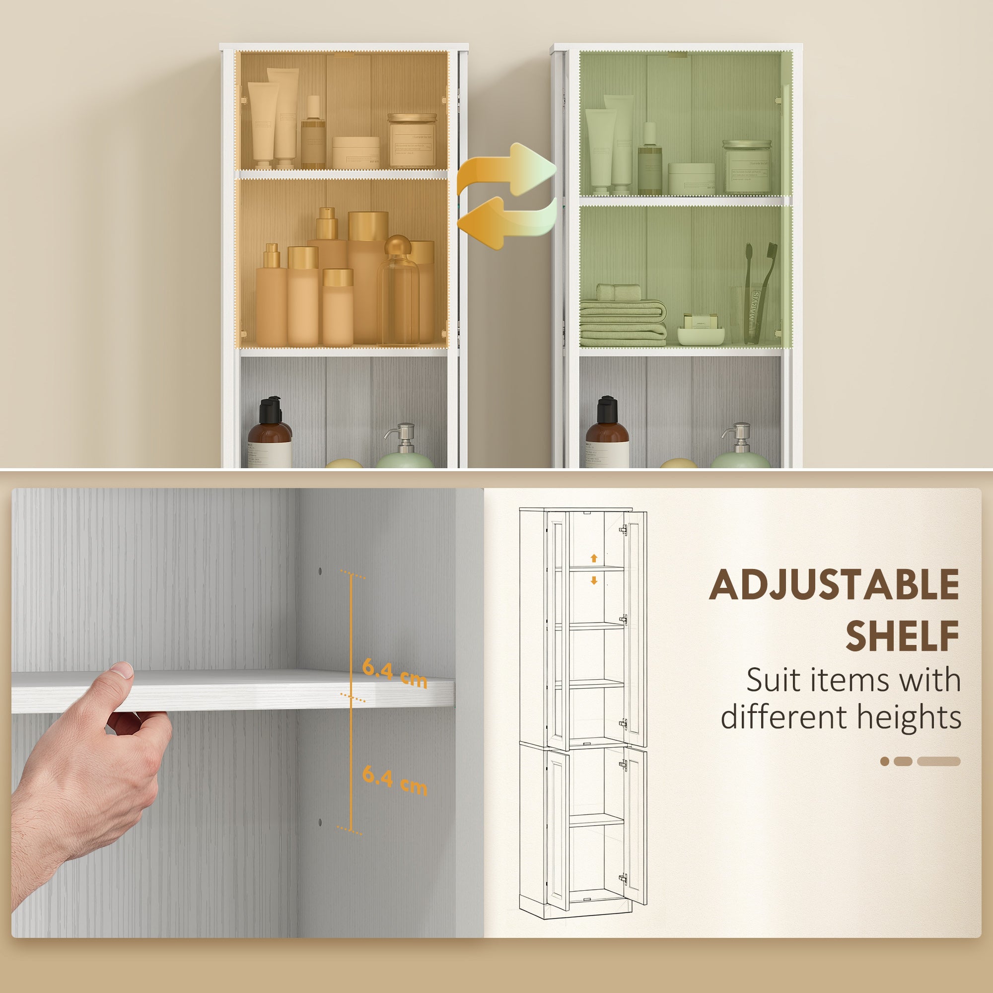 Tall Bathroom Storage Cabinet, 6-Tier Slim Freestanding Bathroom Cabinet with Adjustable Shelf, 4 Soft-Close Doors, Storage Unit for Small Space, 38 x 26 x 160 cm, White