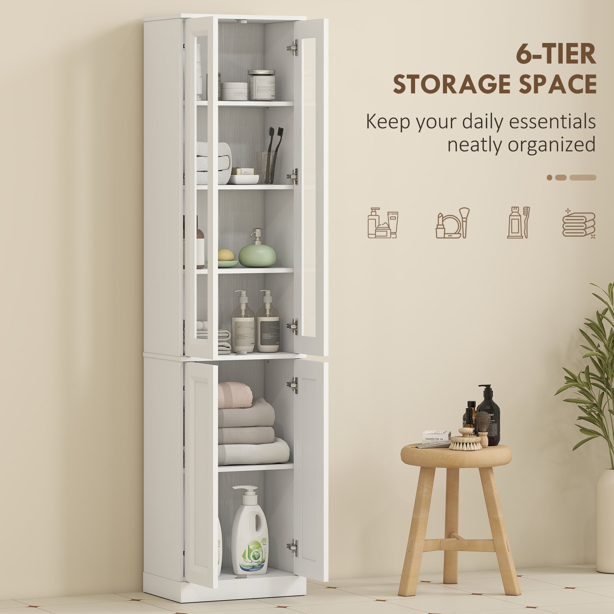 Tall Bathroom Storage Cabinet, 6-Tier Slim Freestanding Bathroom Cabinet with Adjustable Shelf, 4 Soft-Close Doors, Storage Unit for Small Space, 38 x 26 x 160 cm, White