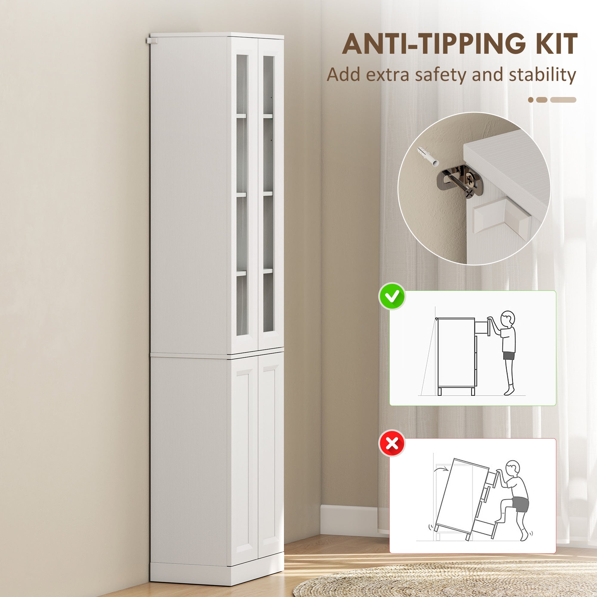 Tall Bathroom Storage Cabinet, 6-Tier Slim Freestanding Bathroom Cabinet with Adjustable Shelf, 4 Soft-Close Doors, Storage Unit for Small Space, 38 x 26 x 160 cm, White