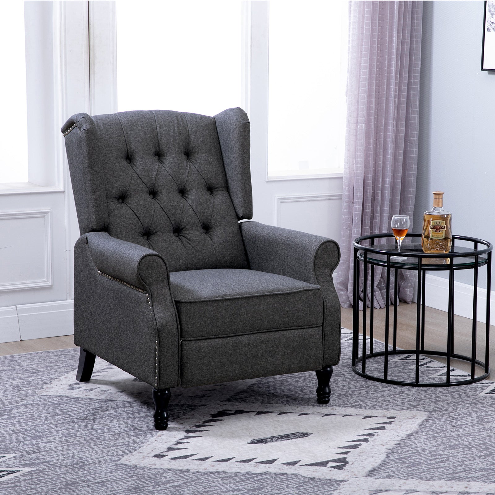 HOMCOM Recliner Armchair, Vintage Reclining Chair with Nail Head Trim, Wingback Chair with Button Tufted Back and Footrest, for Living Room, Dark Grey