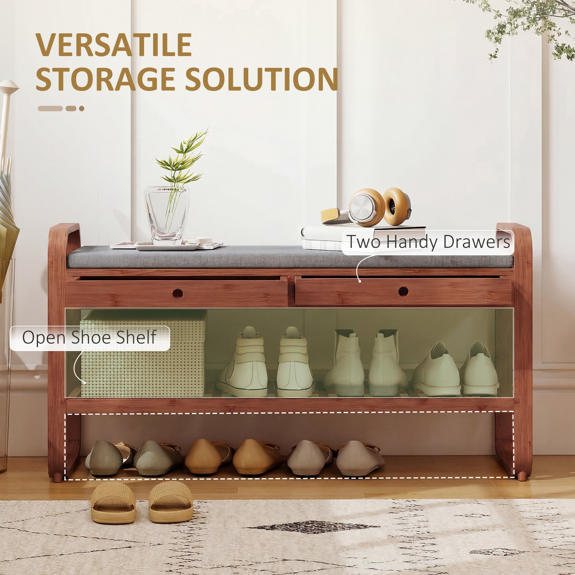 Shoe Bench with 2 Drawers, Shoe Storage Bench with Cushioned Seat, Storage Shelf and Bamboo Frame, 130 kg Weight Capacity, 105 x 33.2 x 55 cm, Dark Brown and Grey