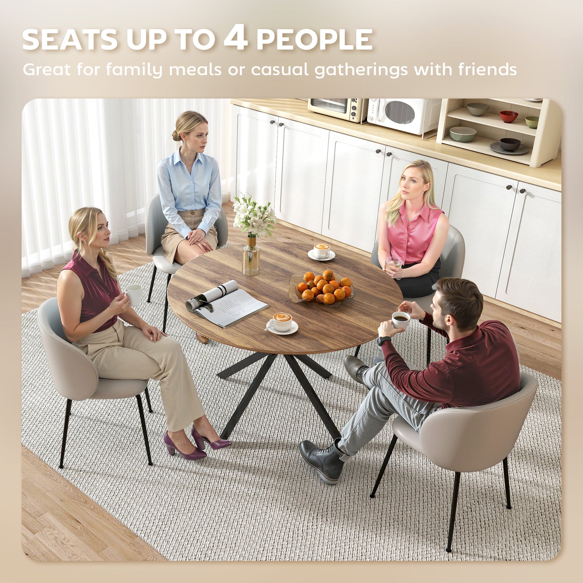 Round Dining Table for 4, 47" Industrial Kitchen Table with Steel Legs for Dining Room, Dark Brown and Black