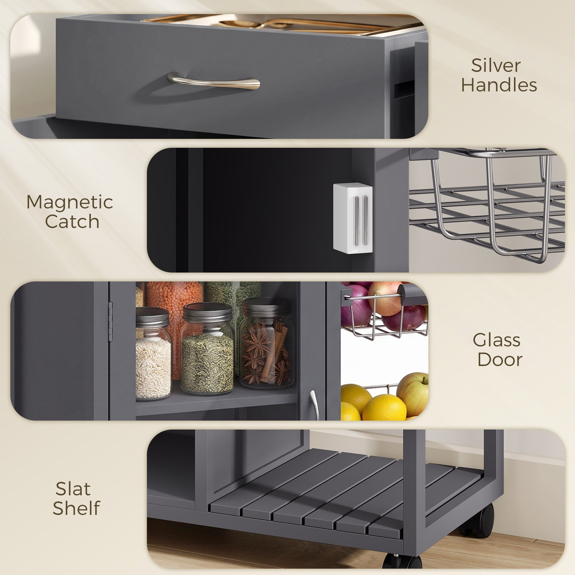 Rolling Kitchen Trolley, Bamboo Kitchen Island with Glass Door, 2 Metal Wire Baskets, 2 Drawers & Adjustable Shelf, 67 x 35 x 80 cm, Grey