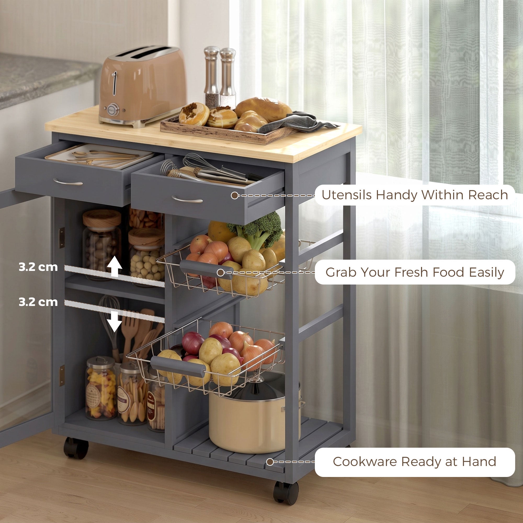 Rolling Kitchen Trolley, Bamboo Kitchen Island with Glass Door, 2 Metal Wire Baskets, 2 Drawers & Adjustable Shelf, 67 x 35 x 80 cm, Grey