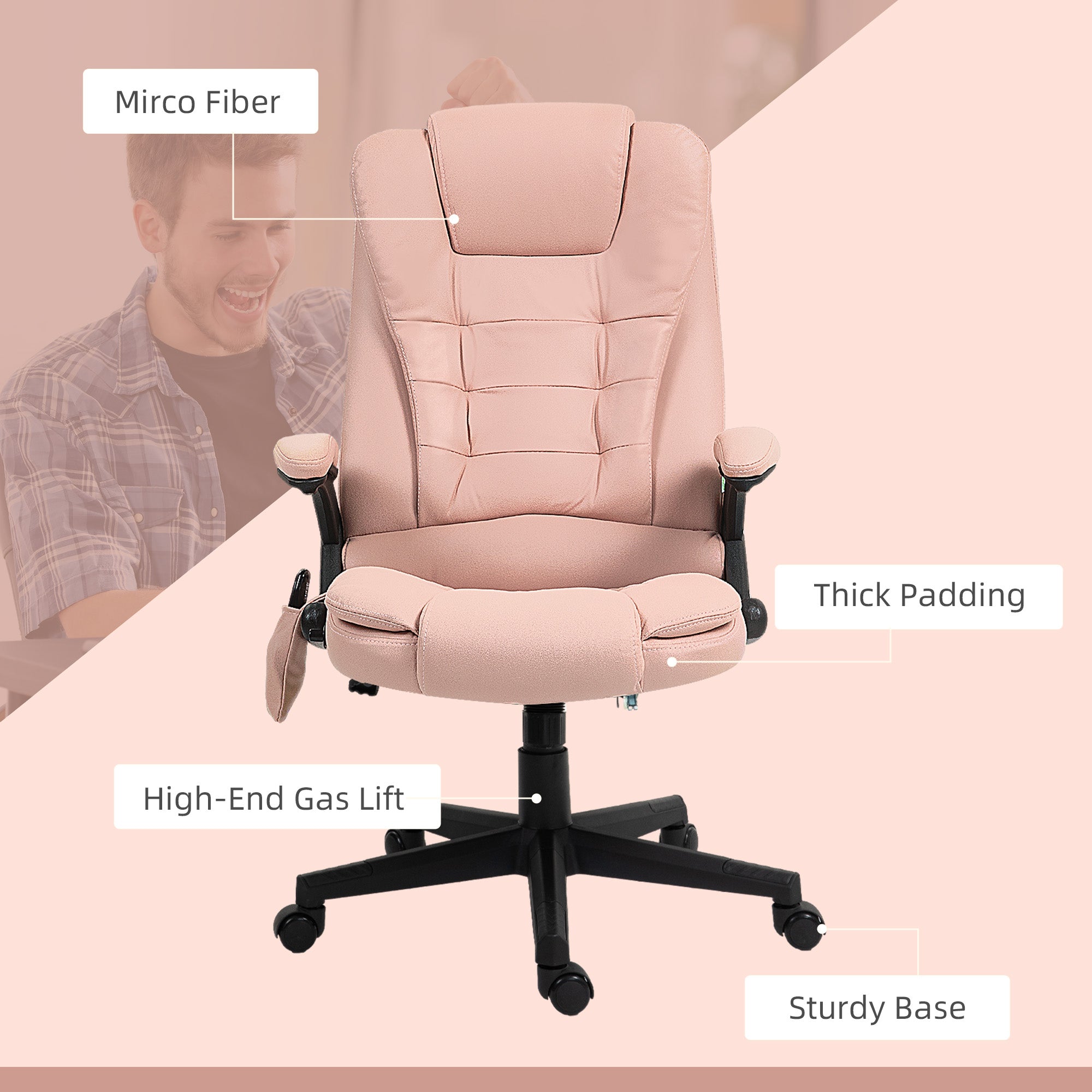 6 Points Heated Massage Office Chair, Microfiber High Back Executive Office Chair, Pink