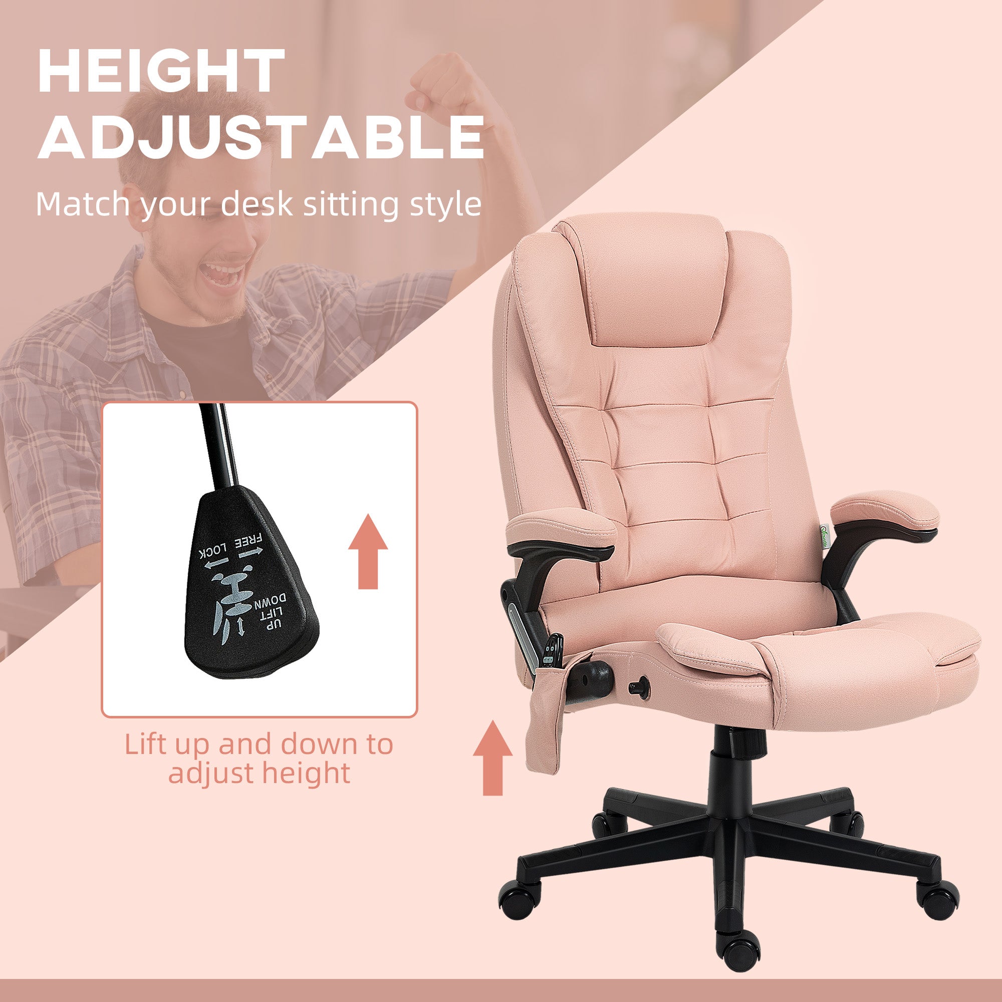 6 Points Heated Massage Office Chair, Microfiber High Back Executive Office Chair, Pink