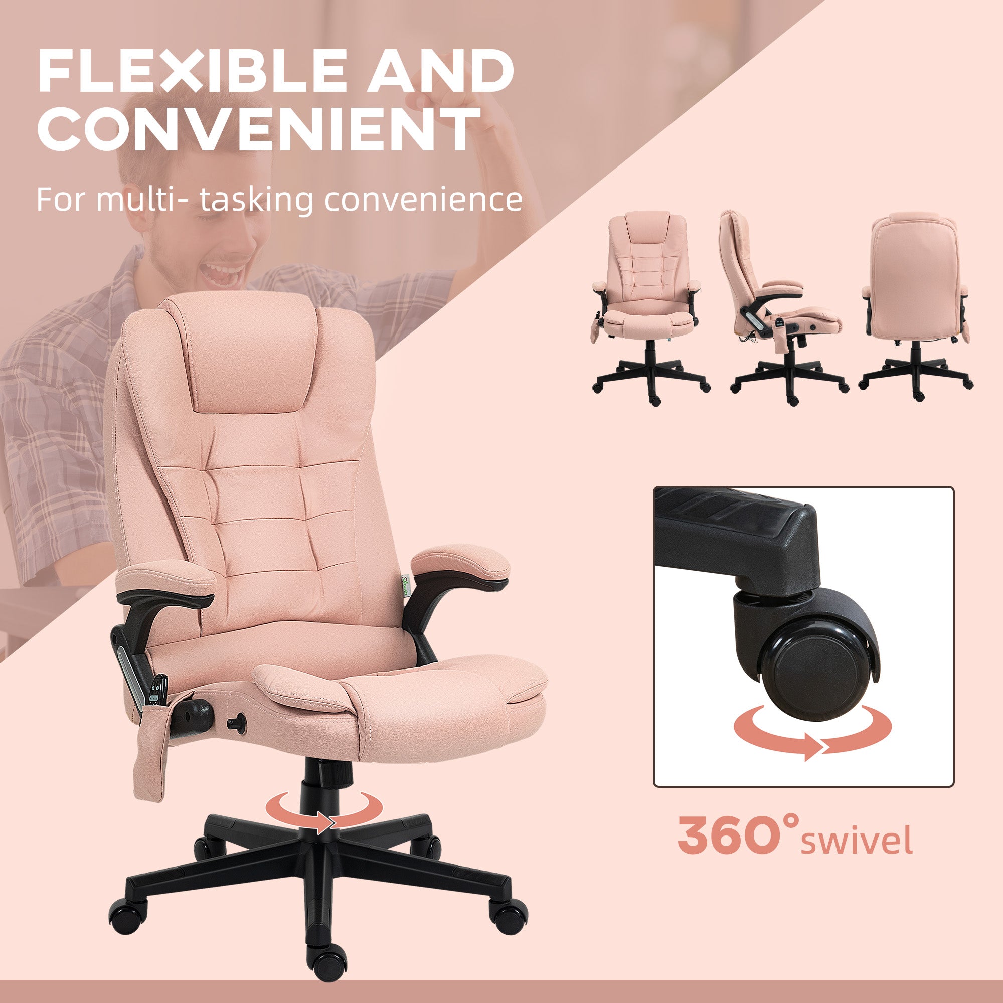 6 Points Heated Massage Office Chair, Microfiber High Back Executive Office Chair, Pink
