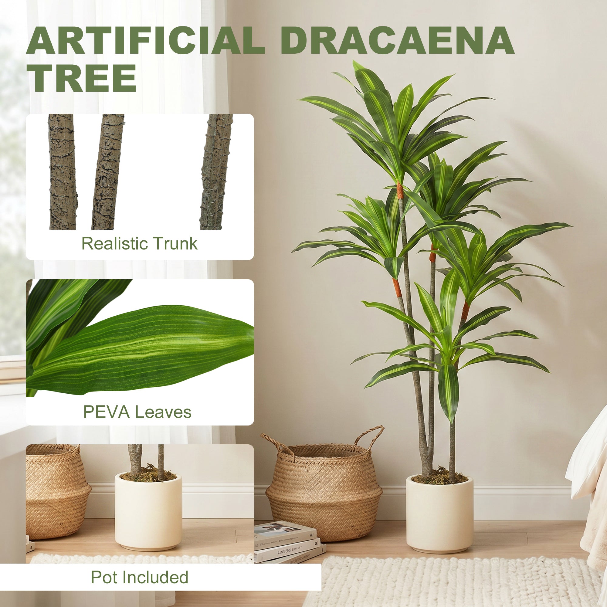 150cm Artificial Dracaena Tree, Decorative Artificial Plants with Bendable Trunks and White Planter for Living Room Bedroom Home Office Decor, Green