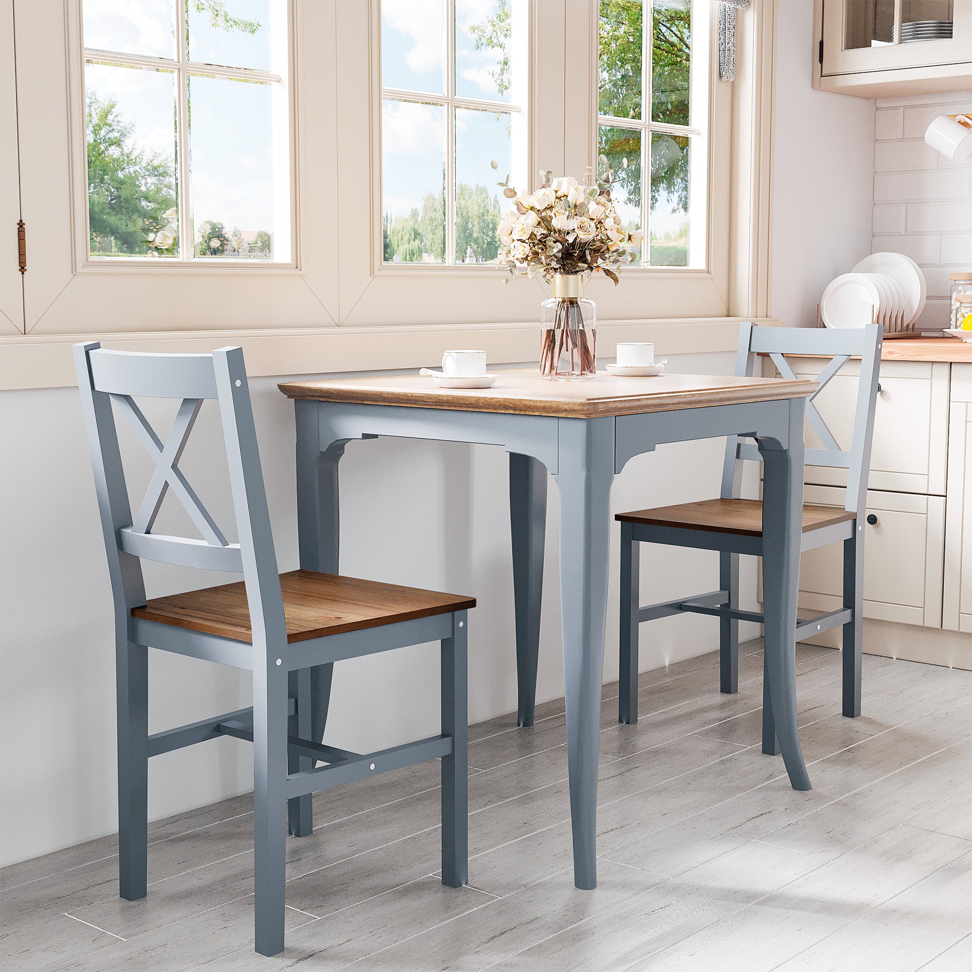HOMCOM Dining Chairs Set of 2, Pine Wood Kitchen Chairs with Cross Back, Solid Structure for Living Room and Dining Room, Grey