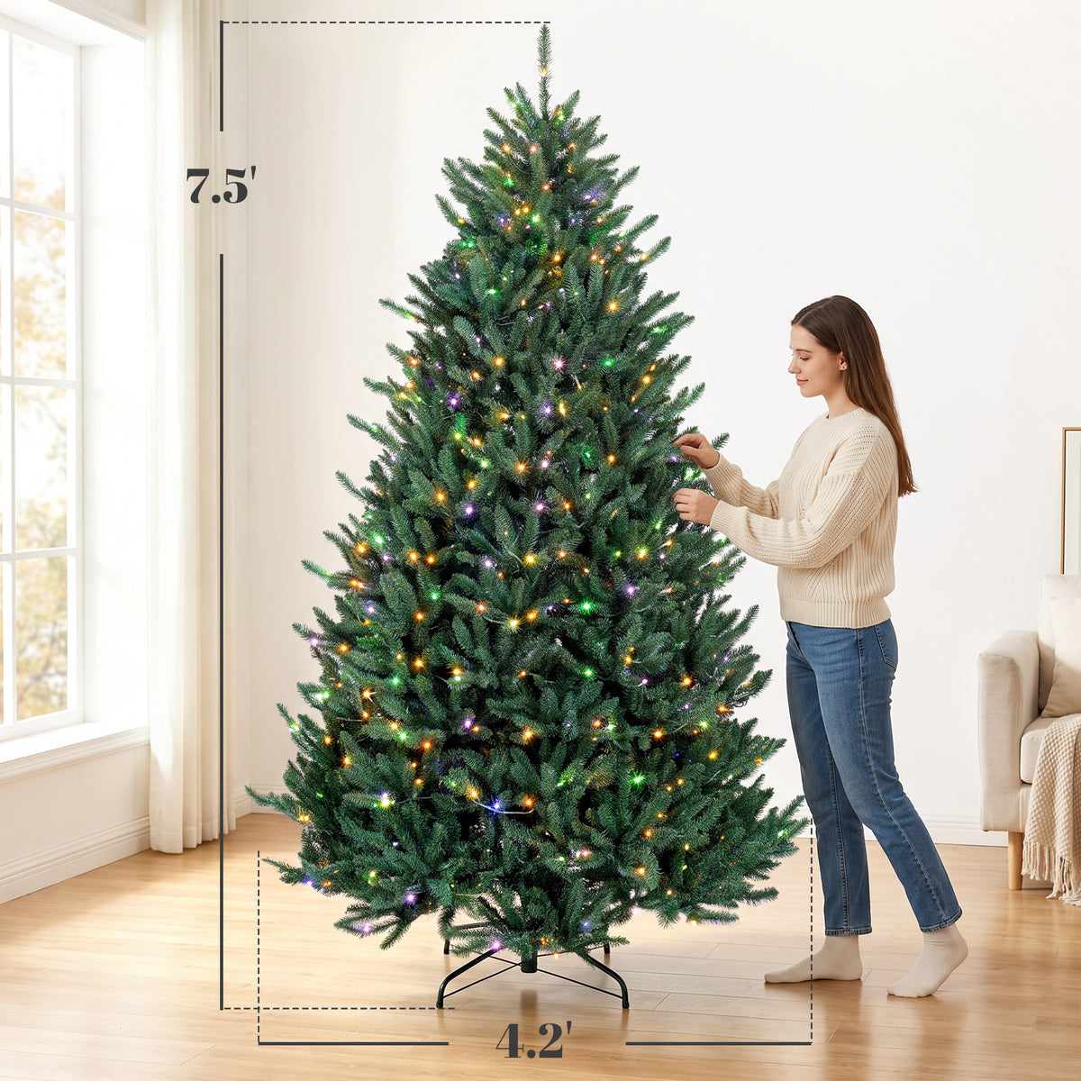 6ft Prelit Christmas Tree, Wide Colorado Blue Spruce, Easy Plug, Artificial Hinged Xmas Tree with 480 Warm White & Multi-Color LED Lights, 1492 Tips, Foldable Metal Stand for Holiday, Green