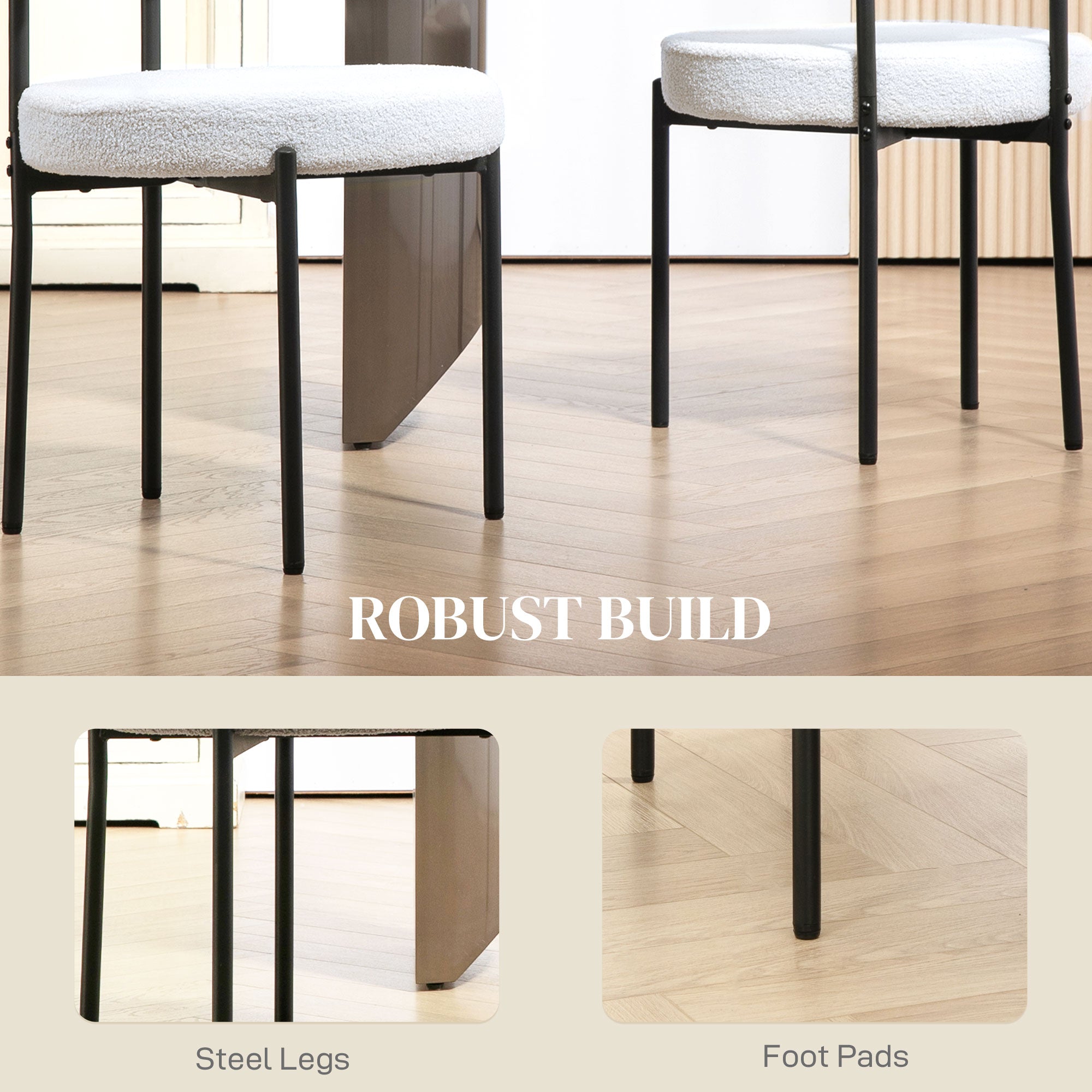 HOMCOM Dining Chairs Set of 2, Modern Kitchen Chairs with Berber Fleece Upholstery and Steel Legs for Living Room, Bedroom, Cream White