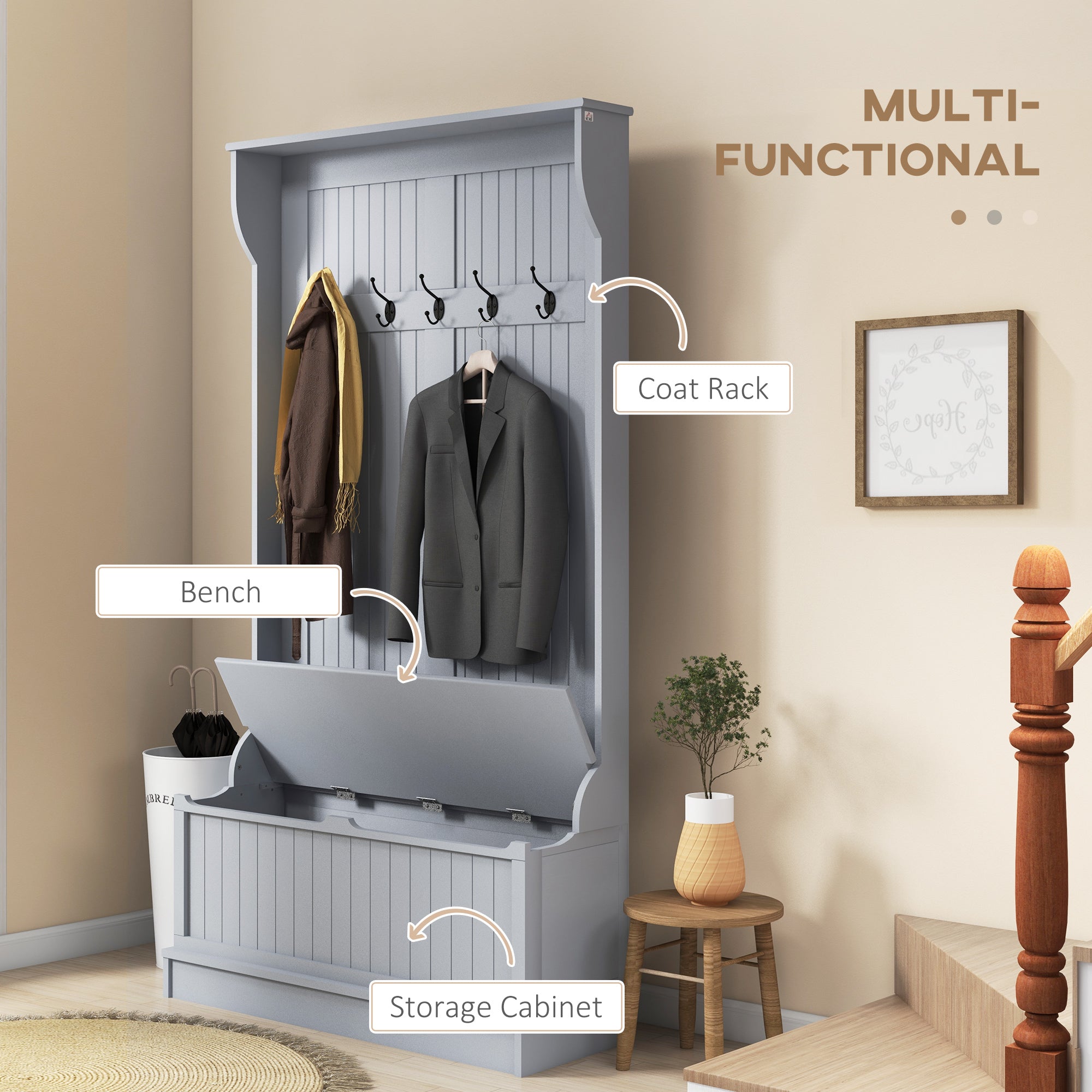 3-in-1 Entryway Bench, Coat Rack, Hall Tree, Shoe Storage & 5 Hooks, Grey