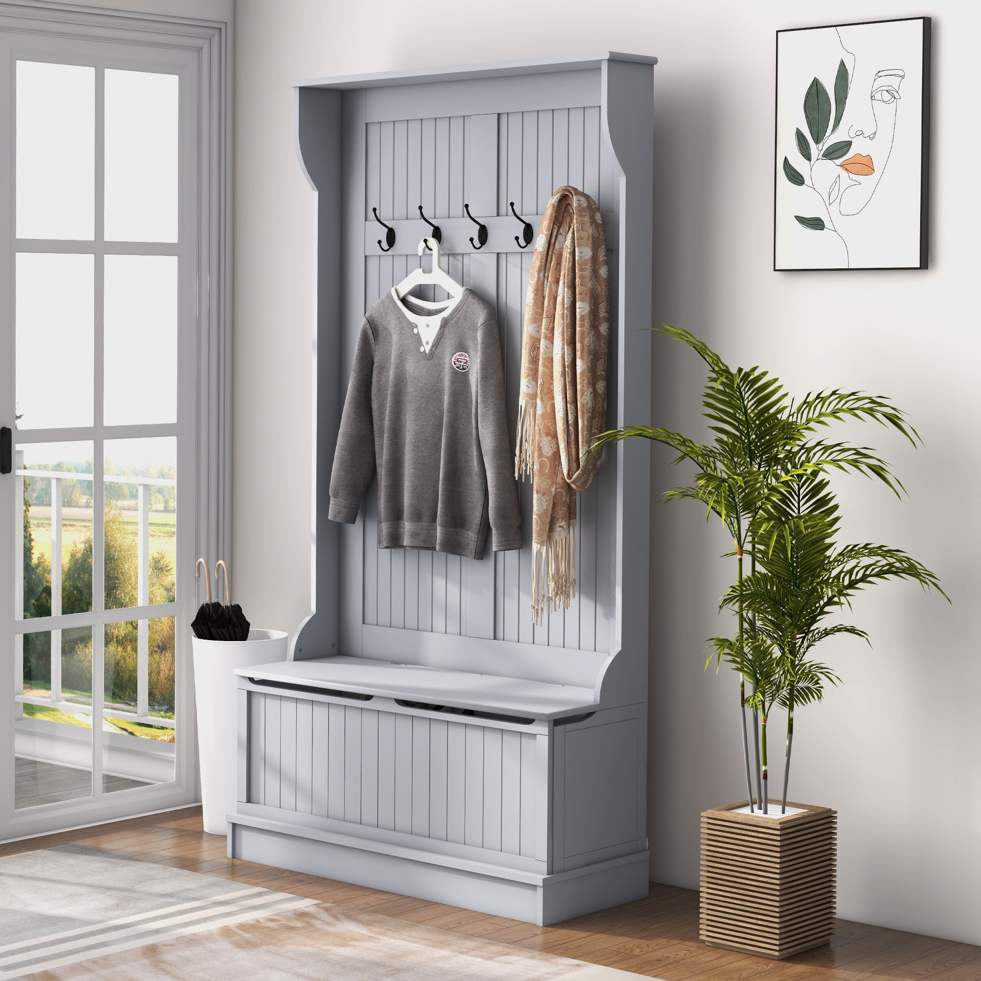 3-in-1 Entryway Bench, Coat Rack, Hall Tree, Shoe Storage & 5 Hooks, Grey