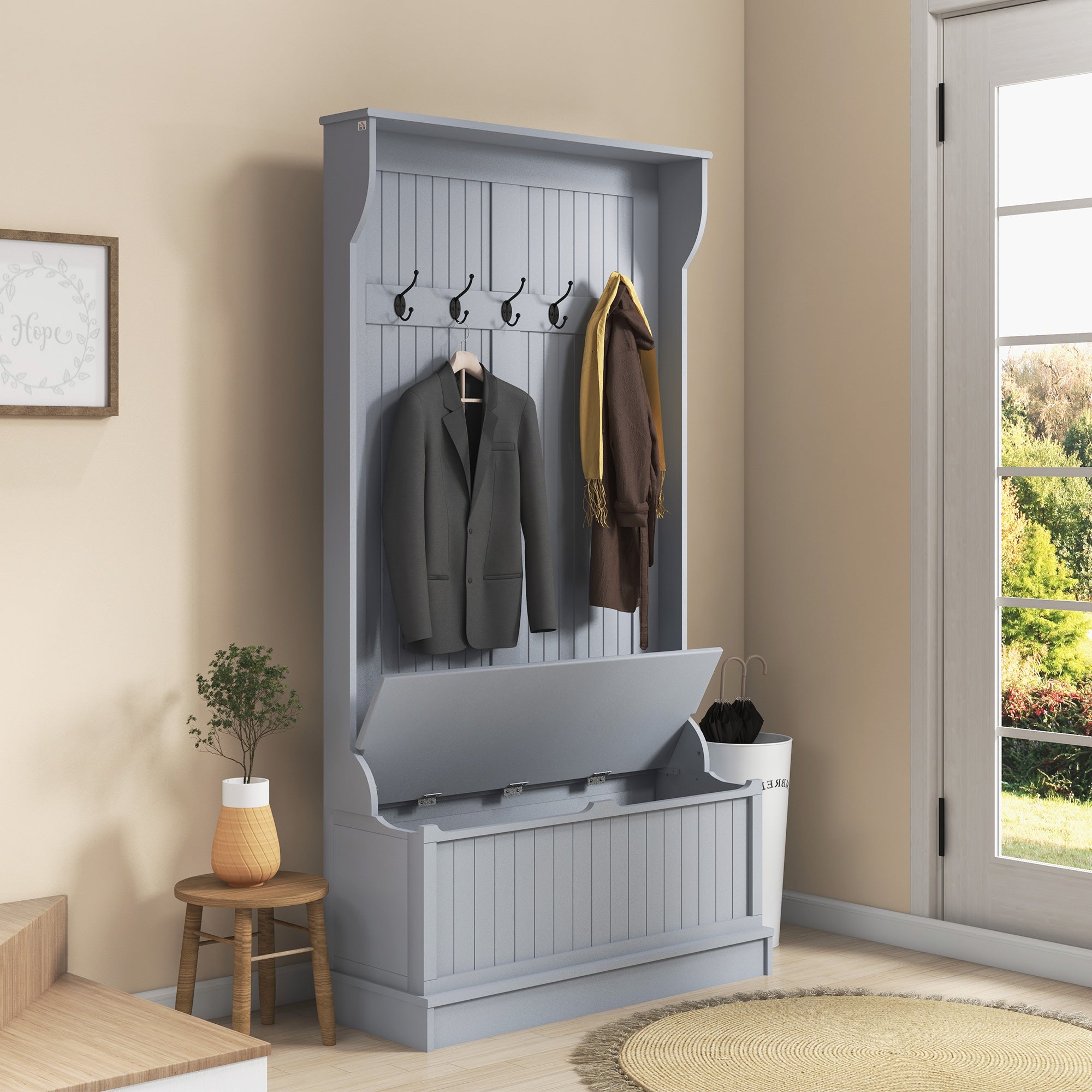 3-in-1 Entryway Bench, Coat Rack, Hall Tree, Shoe Storage & 5 Hooks, Grey