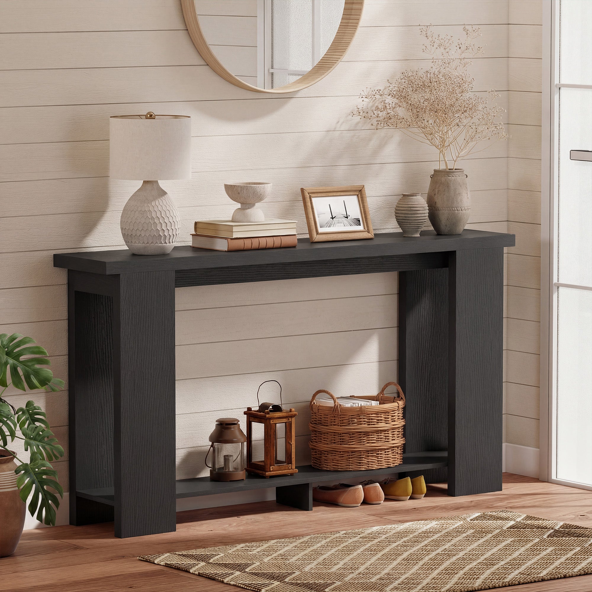 Farmhouse Console Table, 63" Narrow Entryway Table with Storage Shelf and Thickened Tabletop for Living Room, Hallway, Entrance, Distressed Black