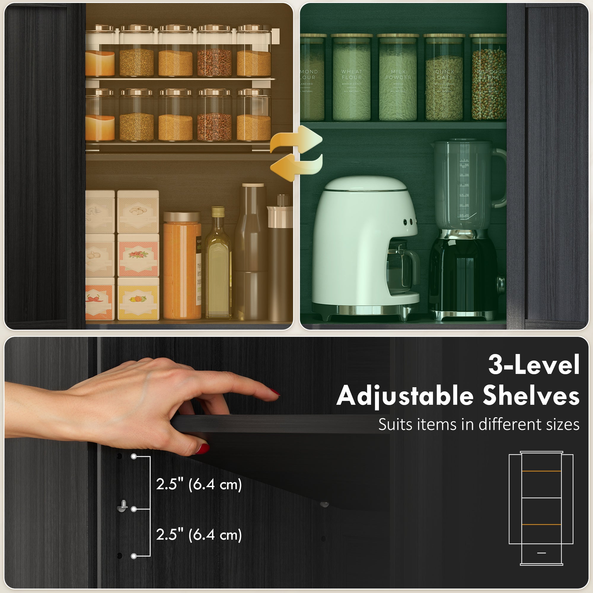 71" Tall Kitchen Pantry, Farmhouse Storage Cabinet with Barn Doors, Drawer and Adjustable Shelves, Freestanding Food Pantry Cabinet for Kitchen, Dining Room, Black