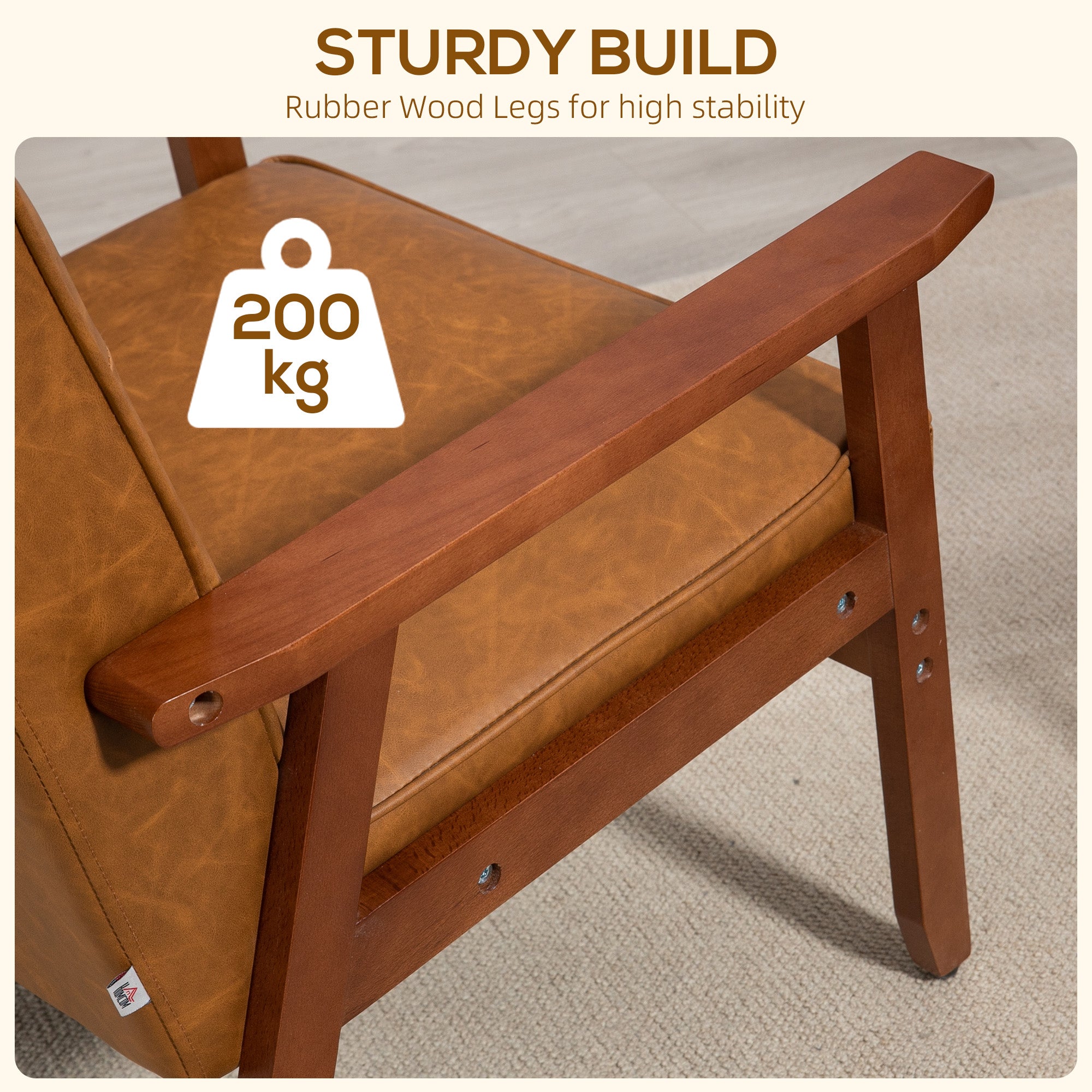 HOMCOM Armchair, PU Leather Accent Chair, Occasional Chair with Rubberwood Frame for Living Room, Reception, Bedroom, Balcony, Brown