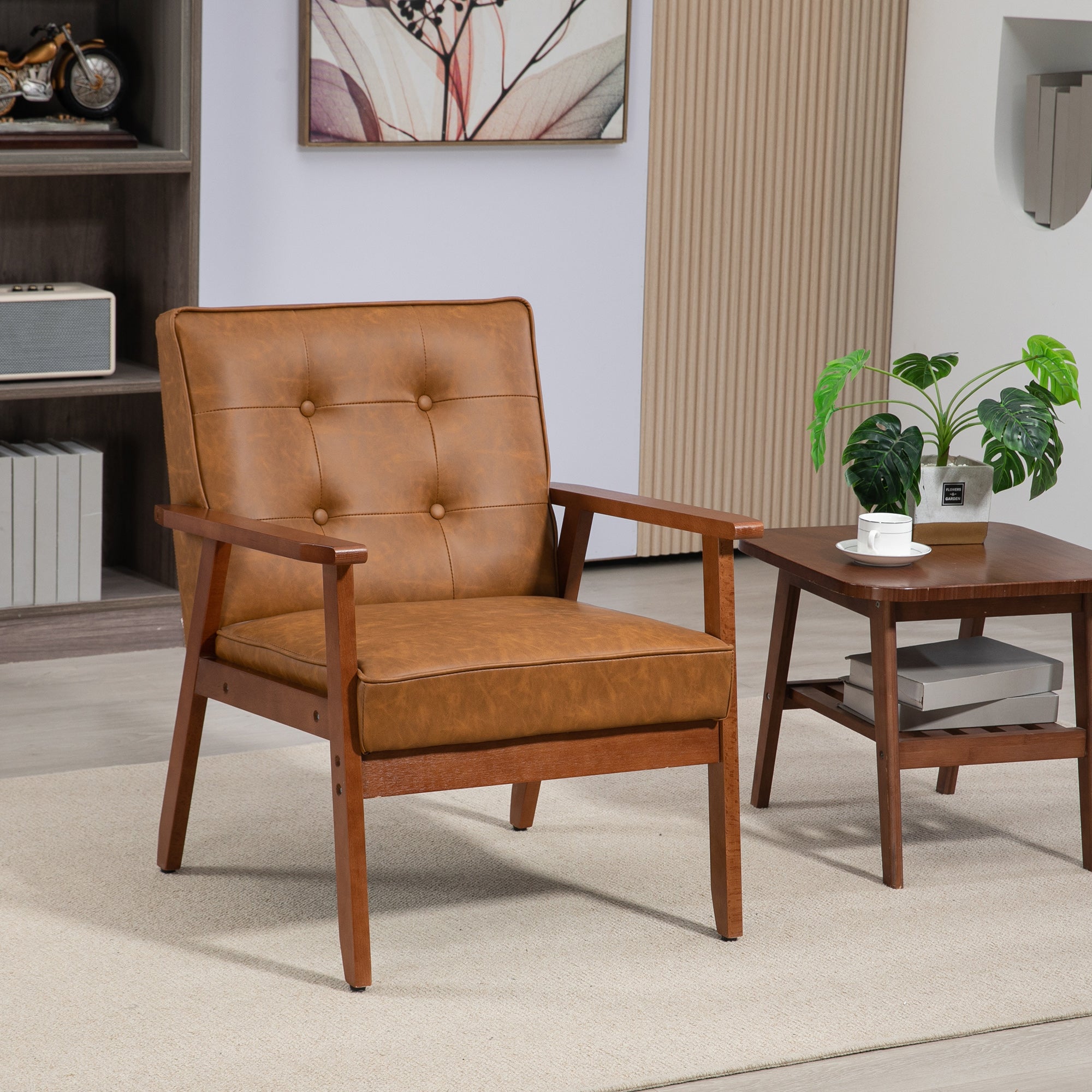 HOMCOM Armchair, PU Leather Accent Chair, Occasional Chair with Rubberwood Frame for Living Room, Reception, Bedroom, Balcony, Brown