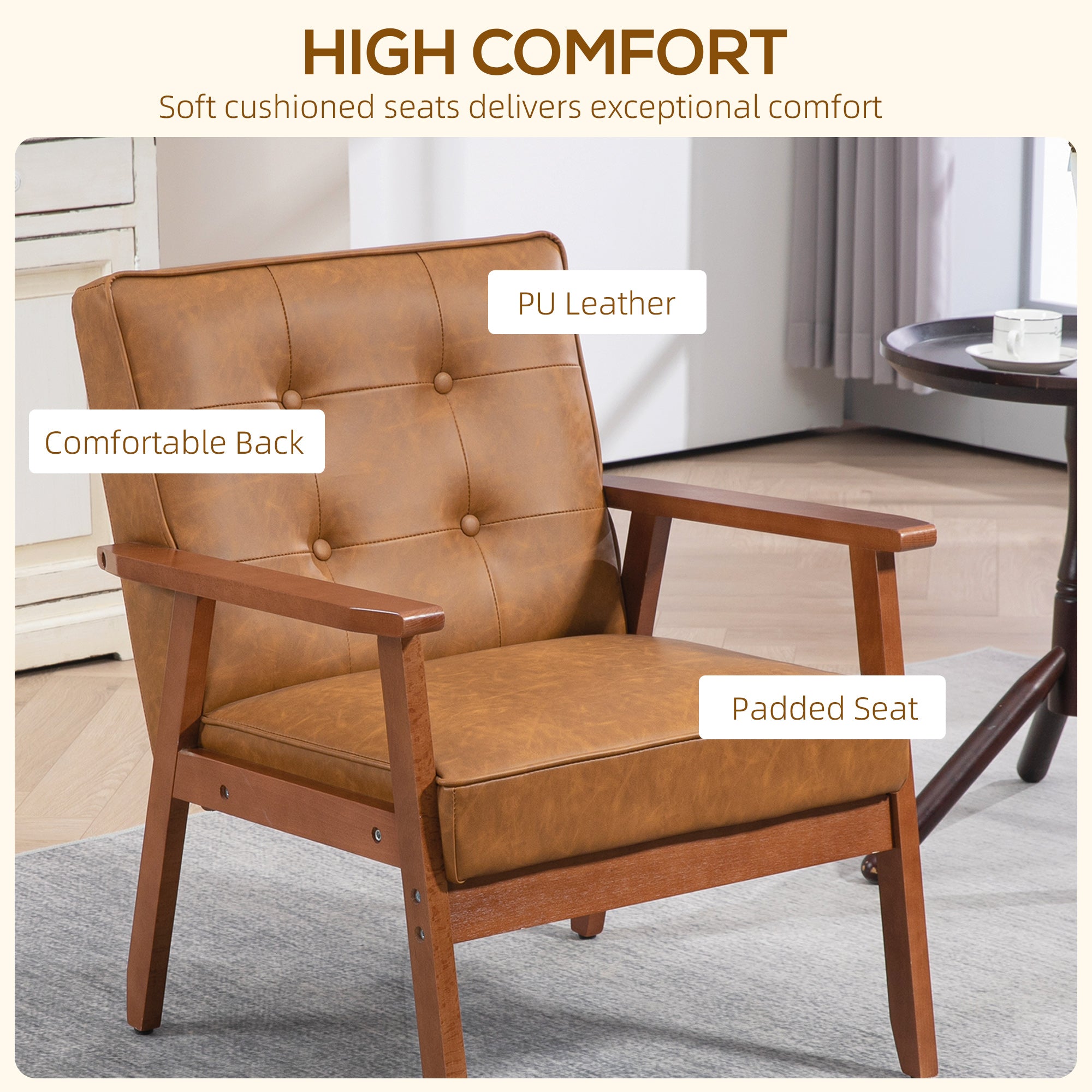 HOMCOM Armchair, PU Leather Accent Chair, Occasional Chair with Rubberwood Frame for Living Room, Reception, Bedroom, Balcony, Brown