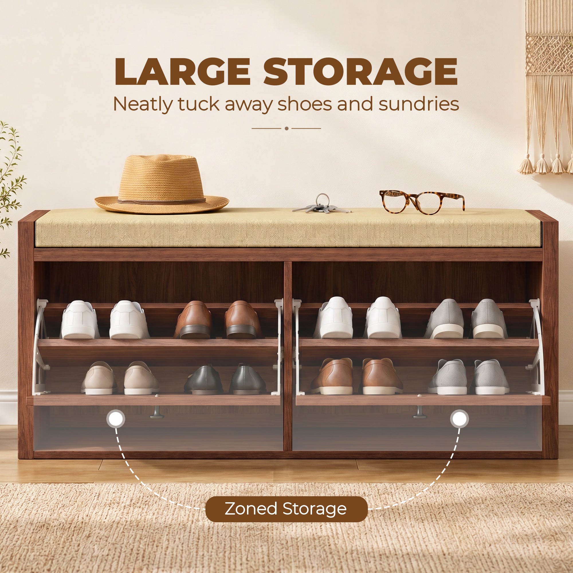 Shoe Bench with 2 Rattan Doors, Shoe Storage Bench with Padded Cushion Seat for Hallway, Living Room, Bedroom, Brown