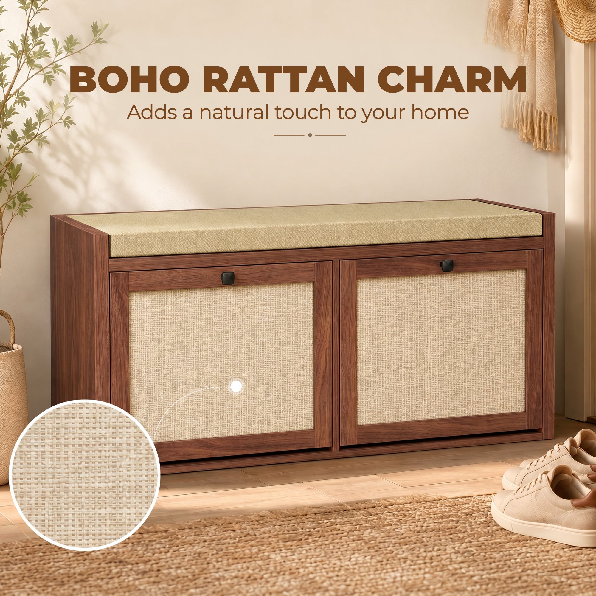 Shoe Bench with 2 Rattan Doors, Shoe Storage Bench with Padded Cushion Seat for Hallway, Living Room, Bedroom, Brown