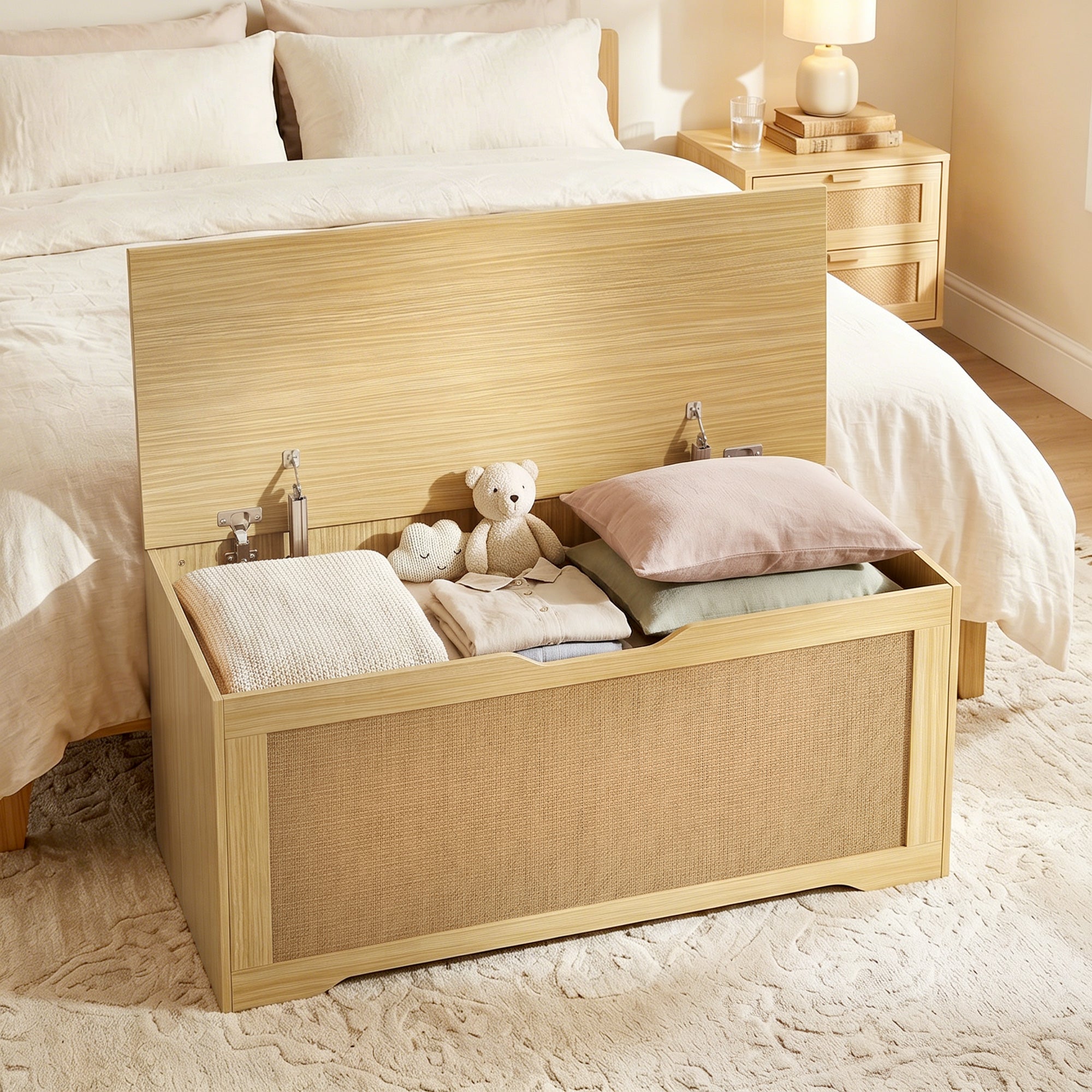 Rattan Storage Chest, Lift Top Storage Trunk with Safety Hinges and Handle-Free Design, Storage Bench for Living Room, Shoe Bench for Entryway, 39.4" x 15.7" x 17.7", Oak