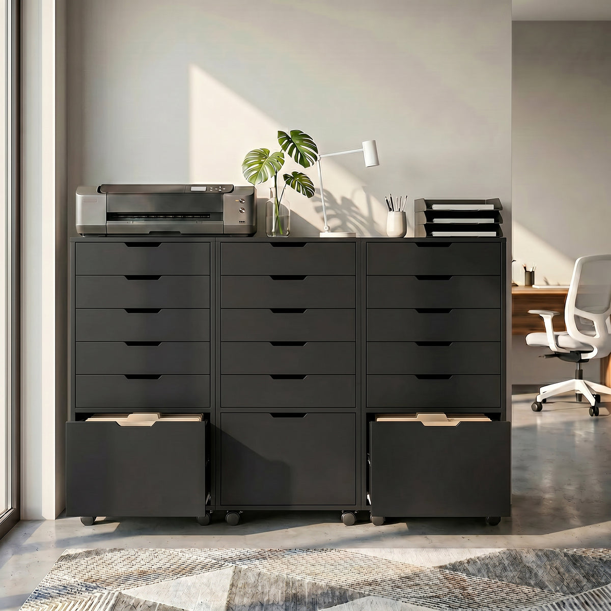 5 Drawer Vertical File Cabinet with Lockable Wheels, Filing Cabinet for Home Office, Printer Stand with Adjustable Hanging Bars For A4, Letter, legal File Folders, Black