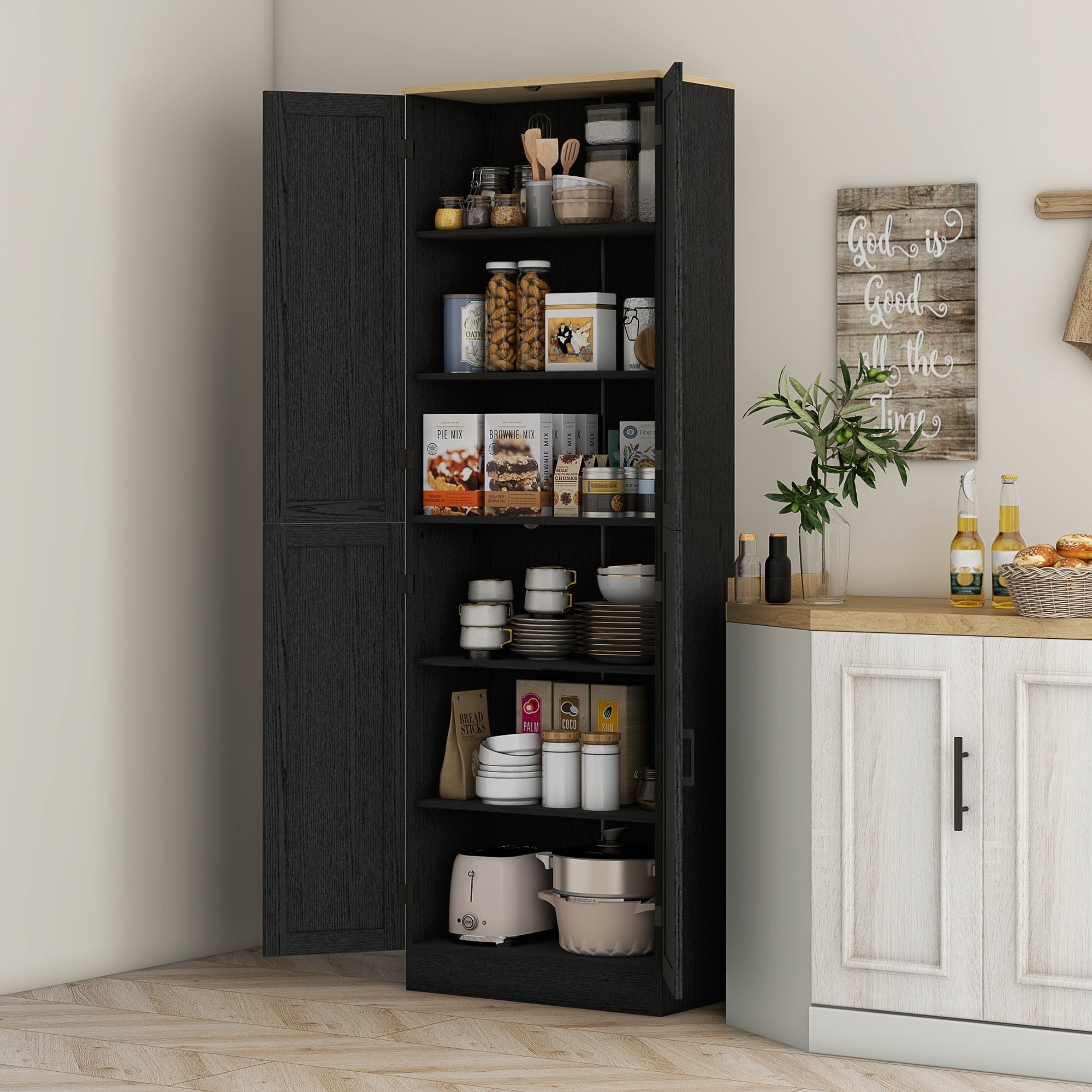 Freestanding Kitchen Pantry 4 Door Cabinet with Adjustable Shelves Distressed Black - HOMCOM