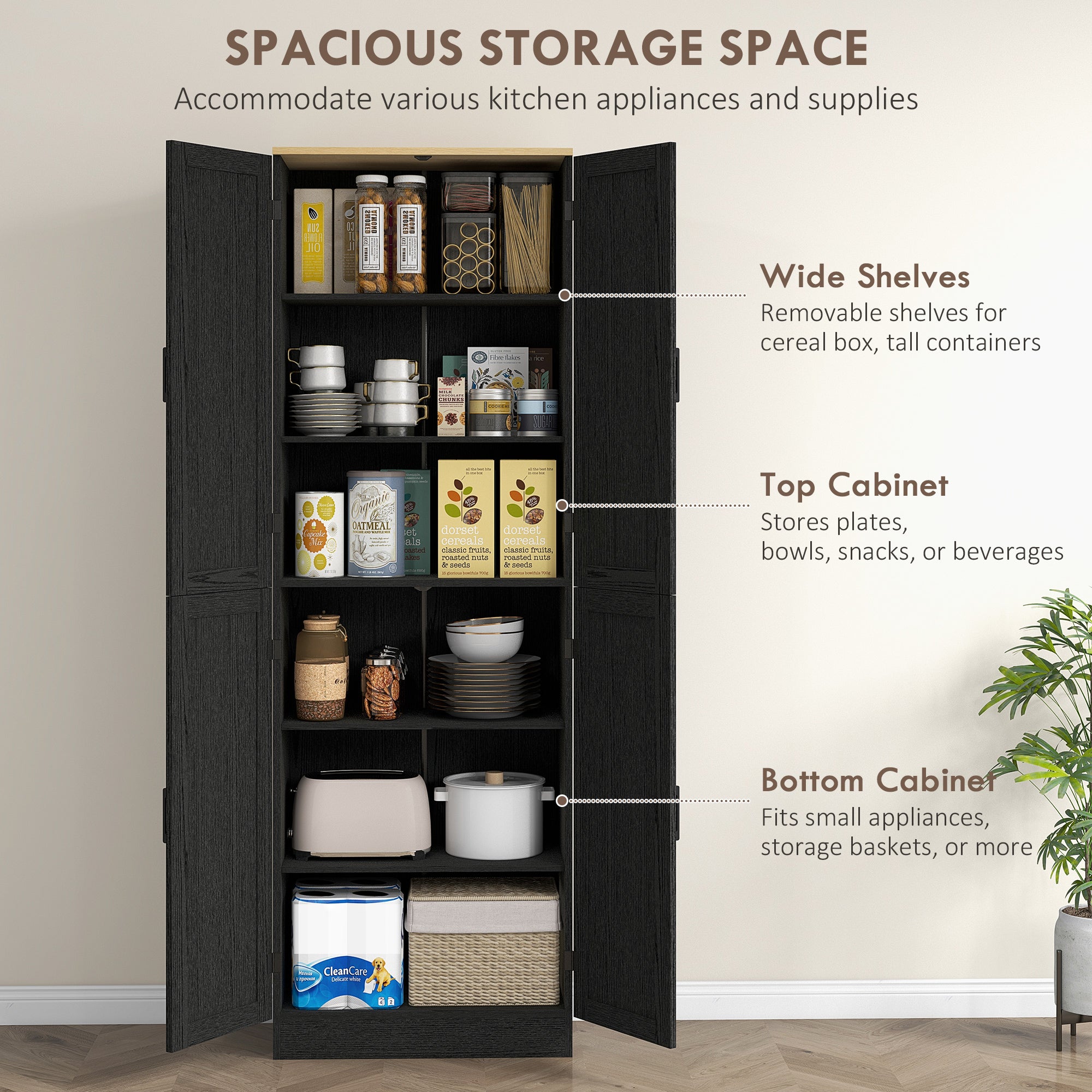 Freestanding Kitchen Pantry 4 Door Cabinet with Adjustable Shelves Distressed Black - HOMCOM