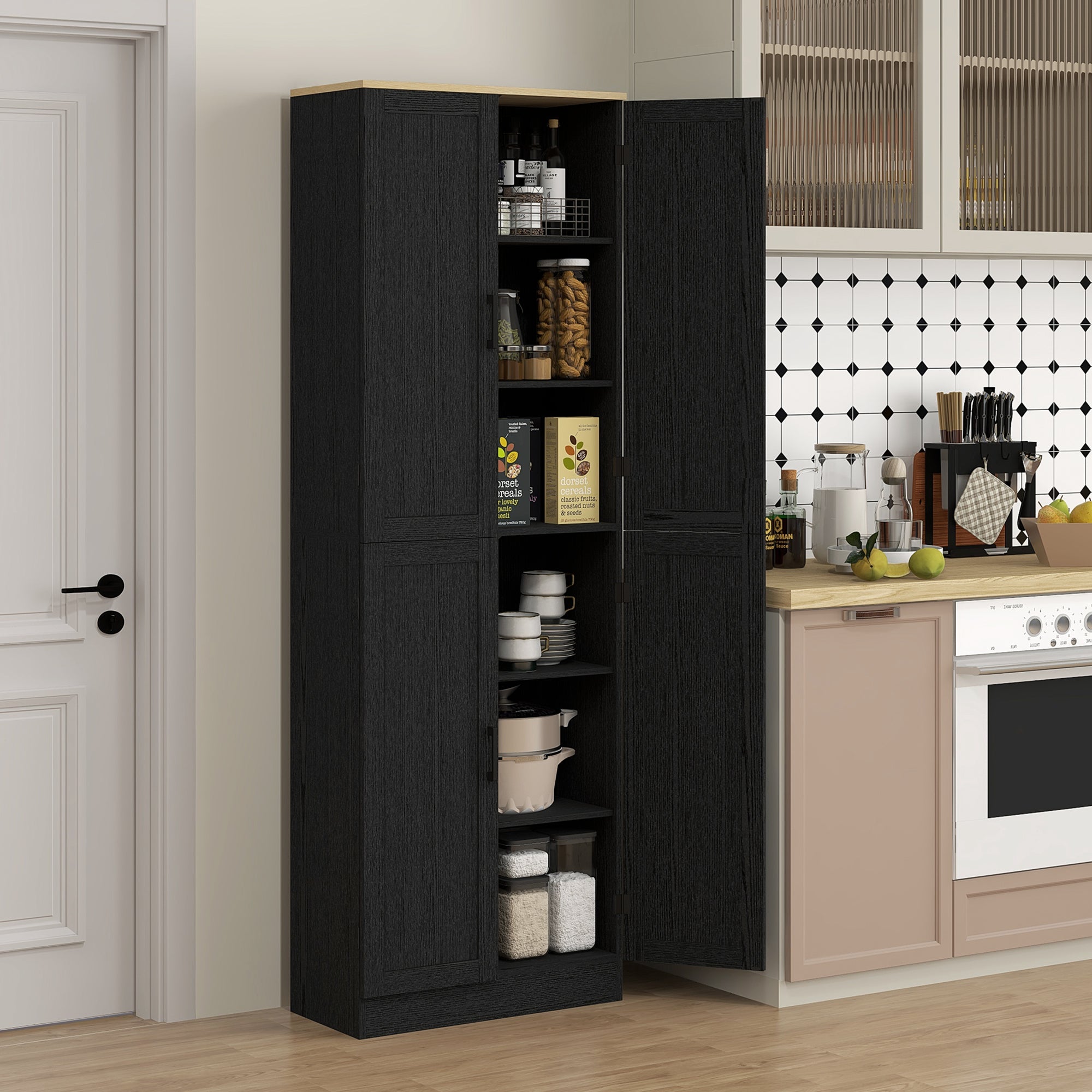 Freestanding Kitchen Pantry 4 Door Cabinet with Adjustable Shelves Distressed Black - HOMCOM
