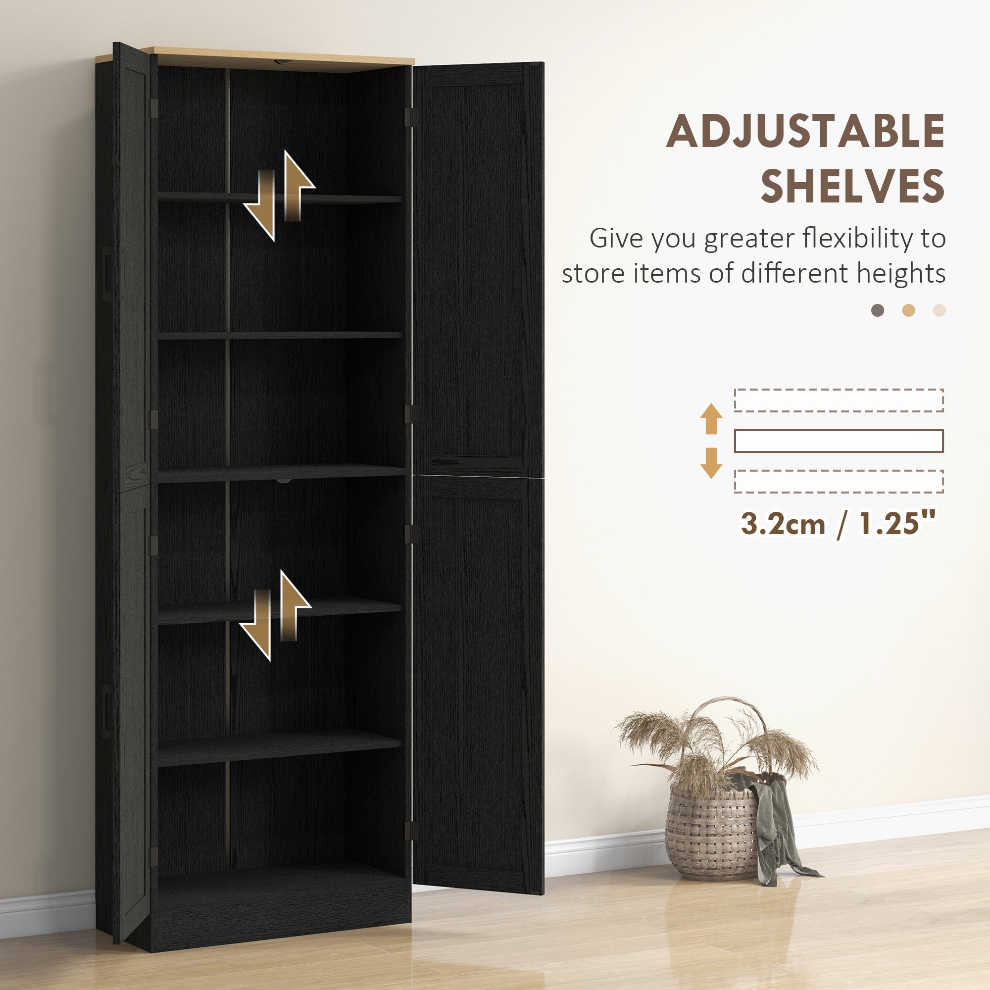 Freestanding Kitchen Pantry 4 Door Cabinet with Adjustable Shelves Distressed Black - HOMCOM