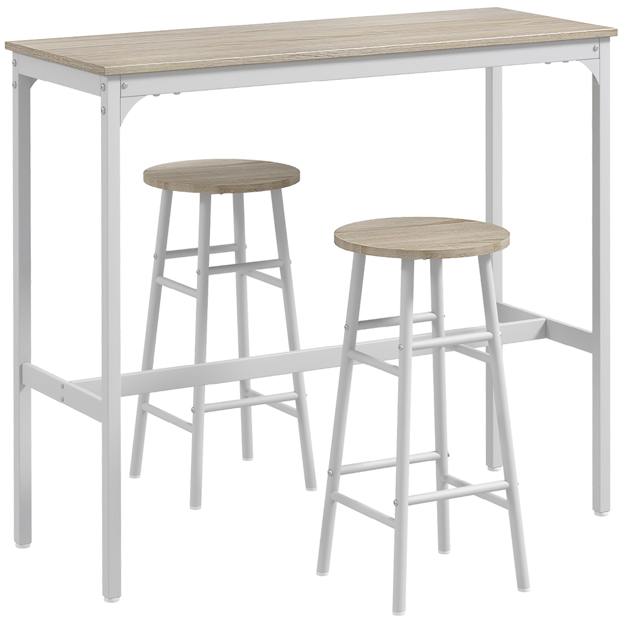 3 Piece Bar Table Set with 2 Stools, Industrial Bar Table and Stool Set, Dining Table and Chair Set for Small Space, Oak