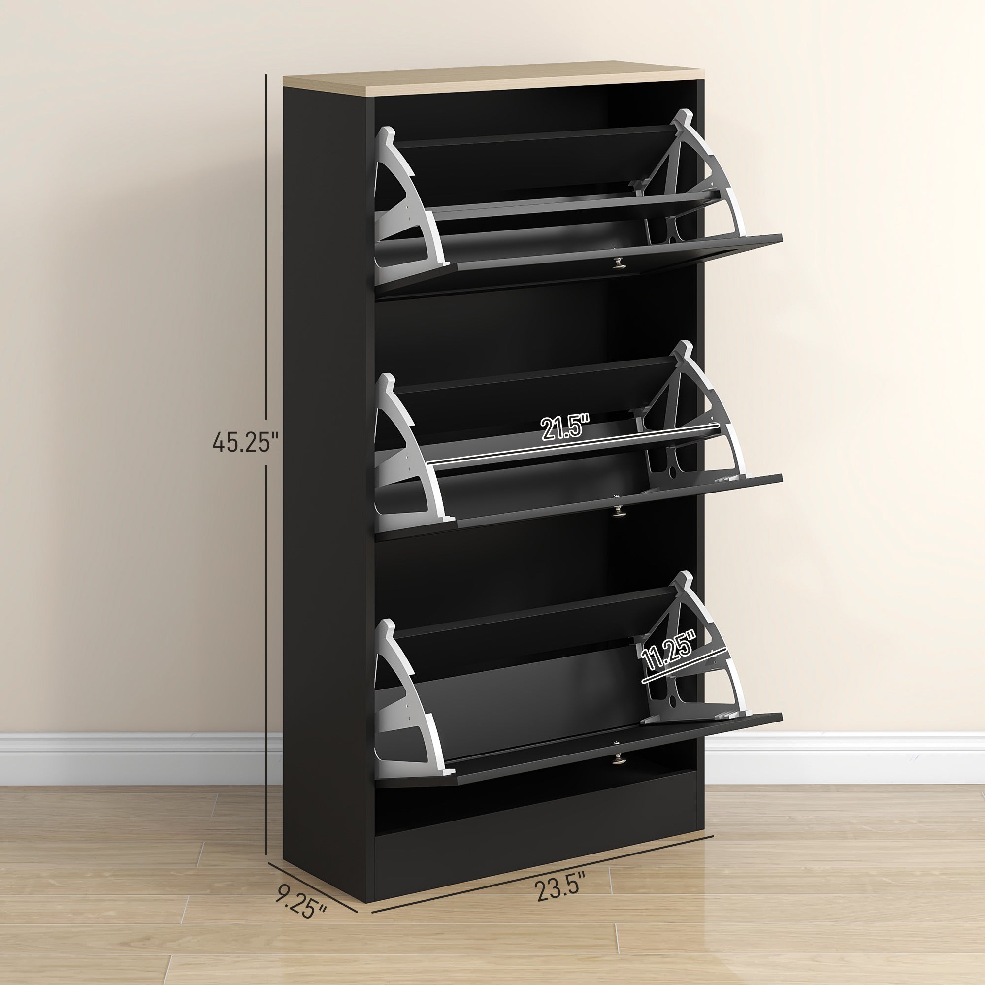 Modern Shoe Storage Cabinet with 3 Flip Drawers for 18 Pairs Black