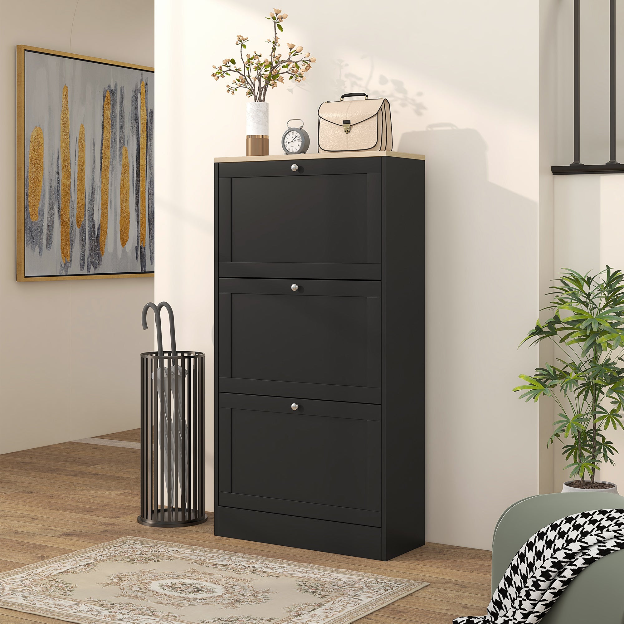 Modern Shoe Storage Cabinet with 3 Flip Drawers for 18 Pairs Black