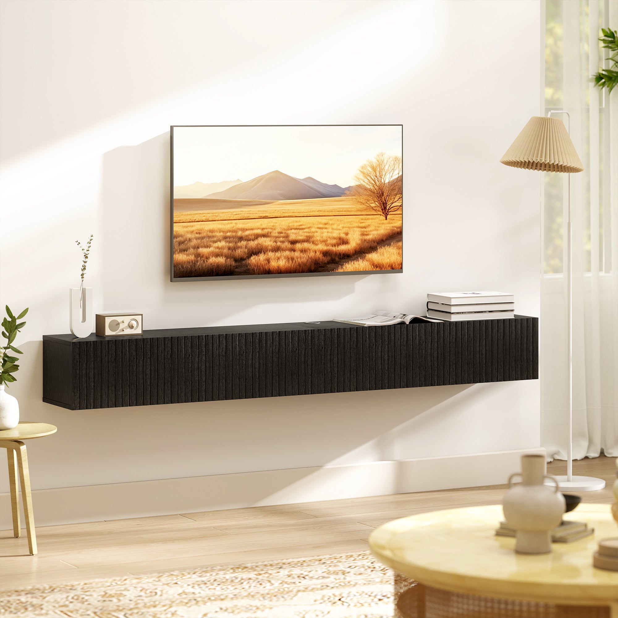 Floating TV Unit for Television up to 72 Inch, 180cm Wall Mount TV Stand Cabinet with Fluted Flip-Down Doors, Cable Management Hole, Entertainment Media Console for Living Room, Bedroom, Black