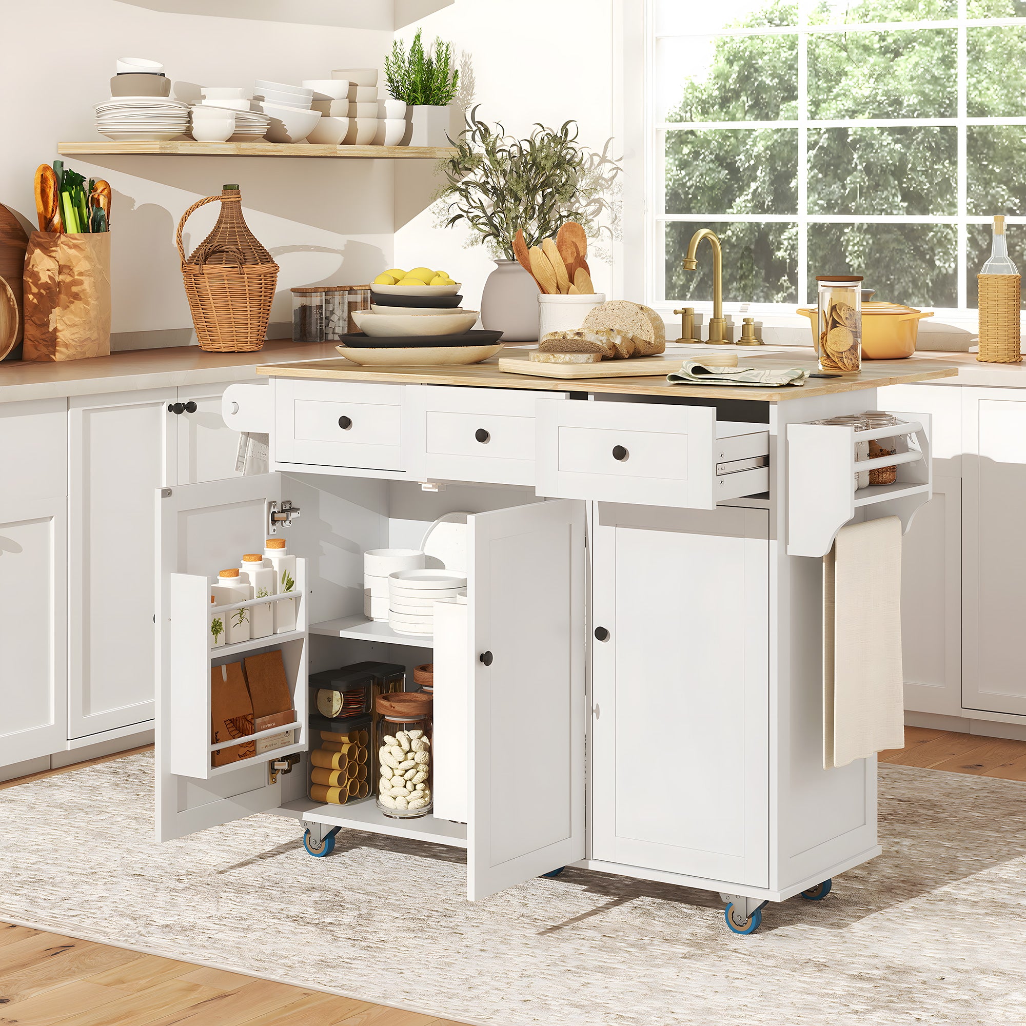 Rolling Kitchen Island with Charging Station and Drop Leaf, 53" Island Table with Wood Top, 3 Drawers, Adjustable Shelf, Spice & Towel Rack, Kitchen Cart on Wheels, White