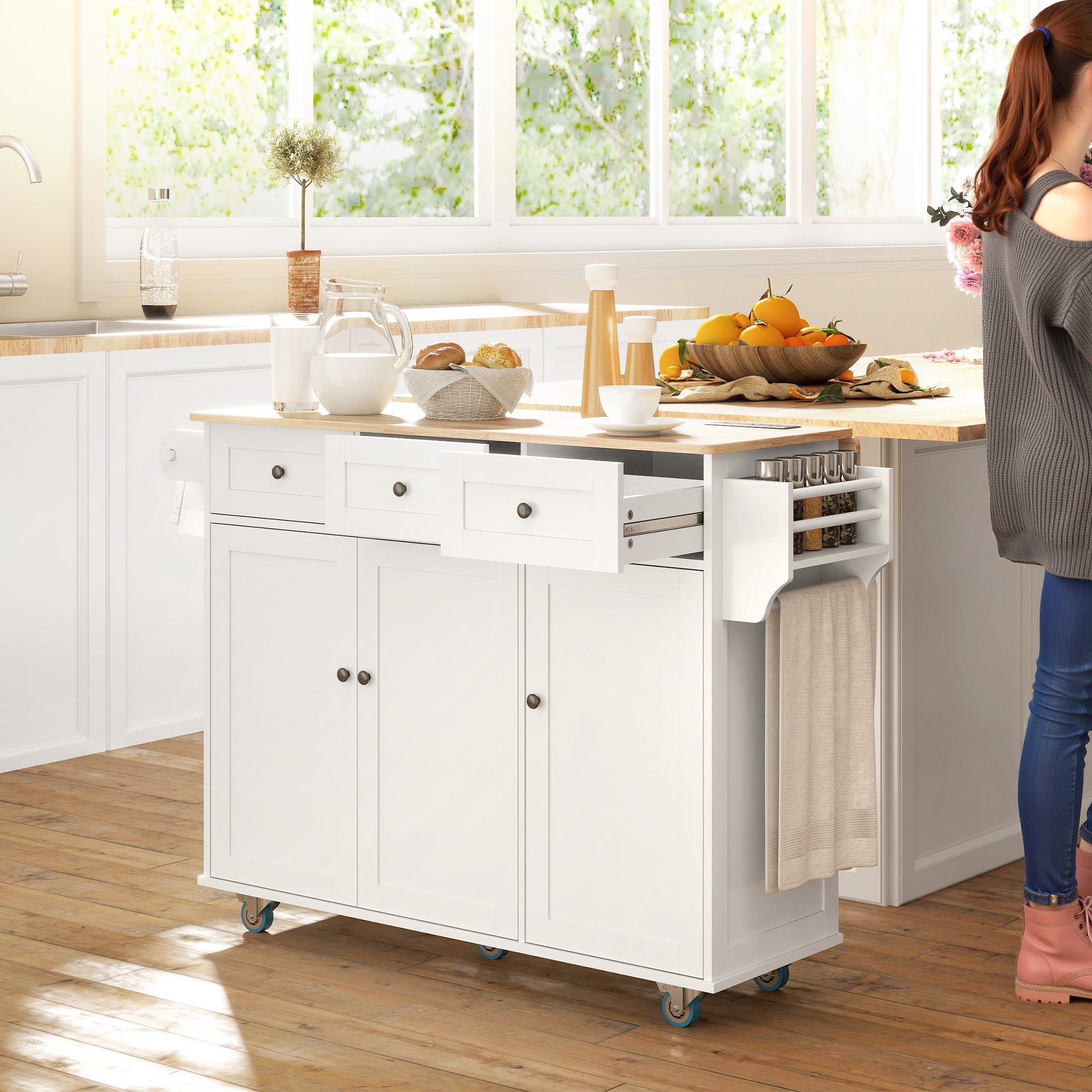 Rolling Kitchen Island with Charging Station and Drop Leaf, 53" Island Table with Wood Top, 3 Drawers, Adjustable Shelf, Spice & Towel Rack, Kitchen Cart on Wheels, White