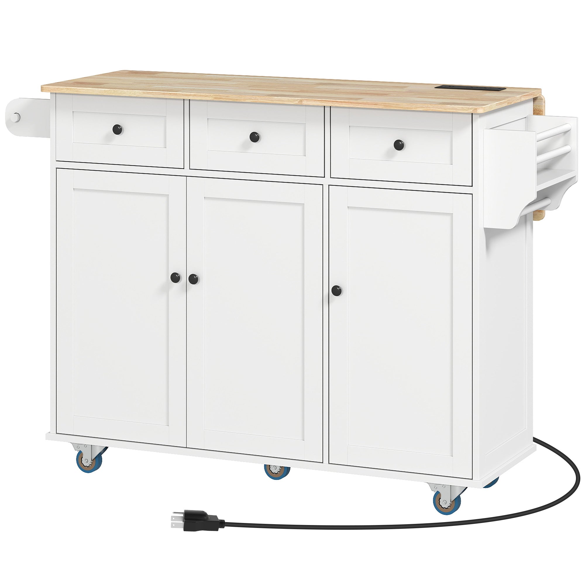 Rolling Kitchen Island with Charging Station and Drop Leaf, 53" Island Table with Wood Top, 3 Drawers, Adjustable Shelf, Spice & Towel Rack, Kitchen Cart on Wheels, White