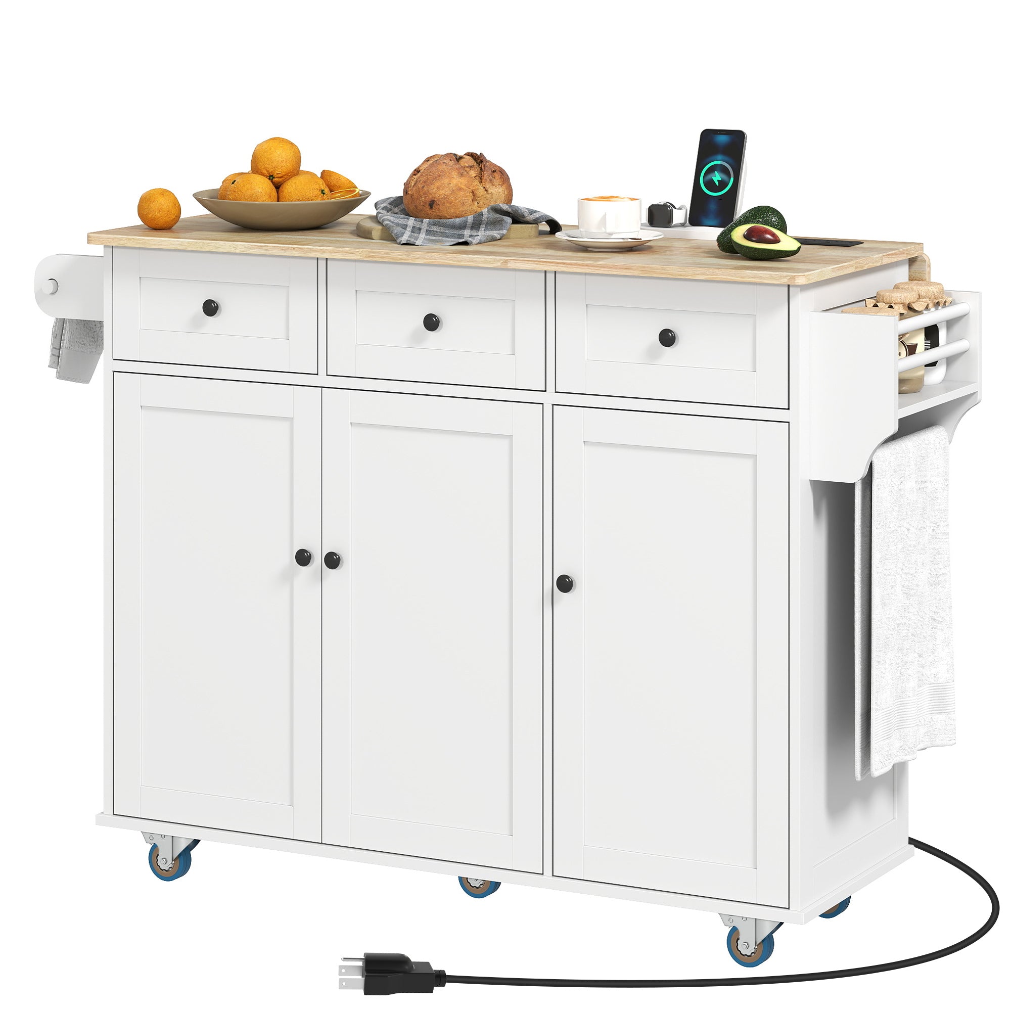 Rolling Kitchen Island with Charging Station and Drop Leaf, 53" Island Table with Wood Top, 3 Drawers, Adjustable Shelf, Spice & Towel Rack, Kitchen Cart on Wheels, White