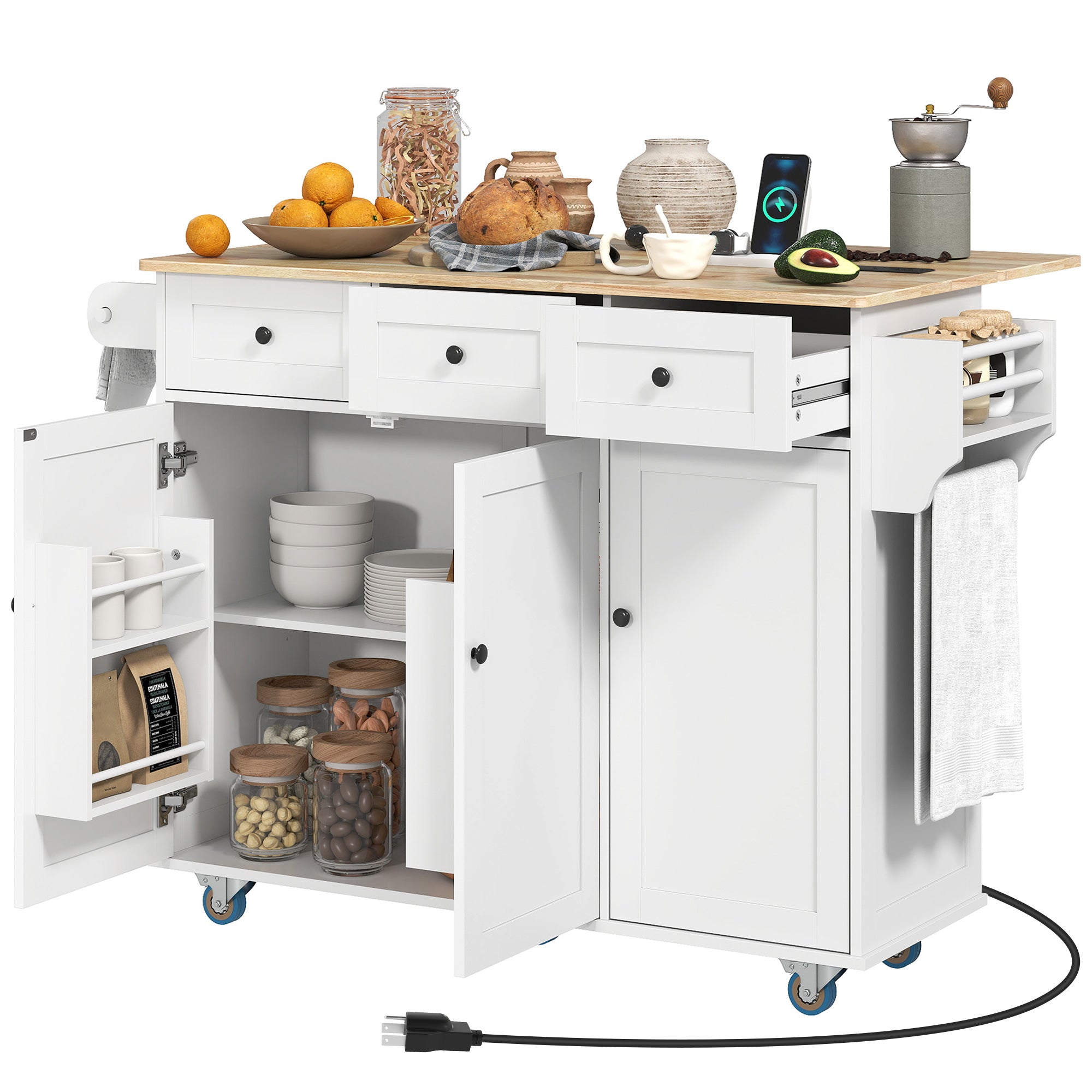 Rolling Kitchen Island with Charging Station and Drop Leaf, 53" Island Table with Wood Top, 3 Drawers, Adjustable Shelf, Spice & Towel Rack, Kitchen Cart on Wheels, White