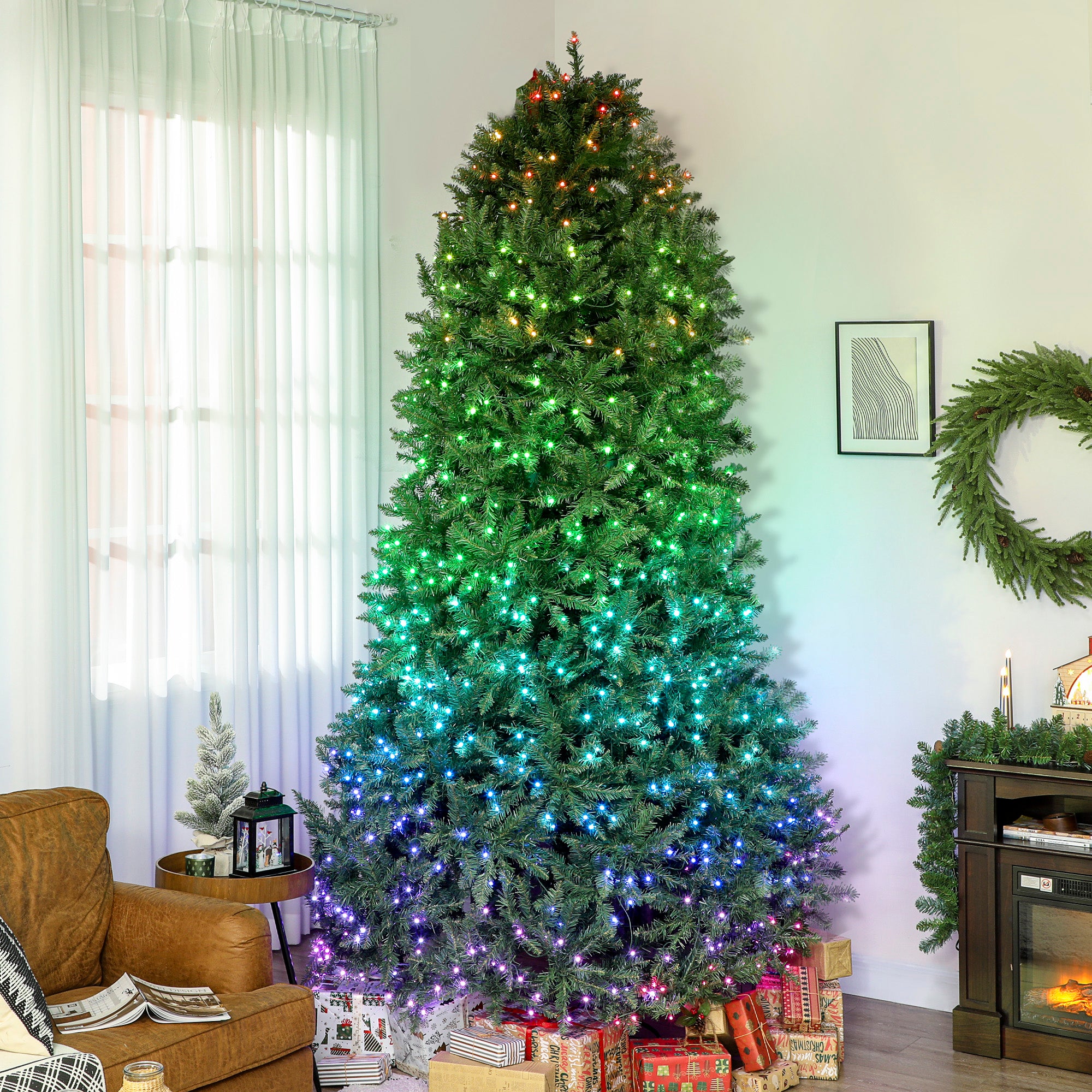 9ft Smart Prelit Christmas Tree with Full-Spectrum RGB Dimmable LEDs, App and Remote Control, Wide Full Hinged Xmas Tree, Easy Assembly, Artificial Holiday Decoration, Green