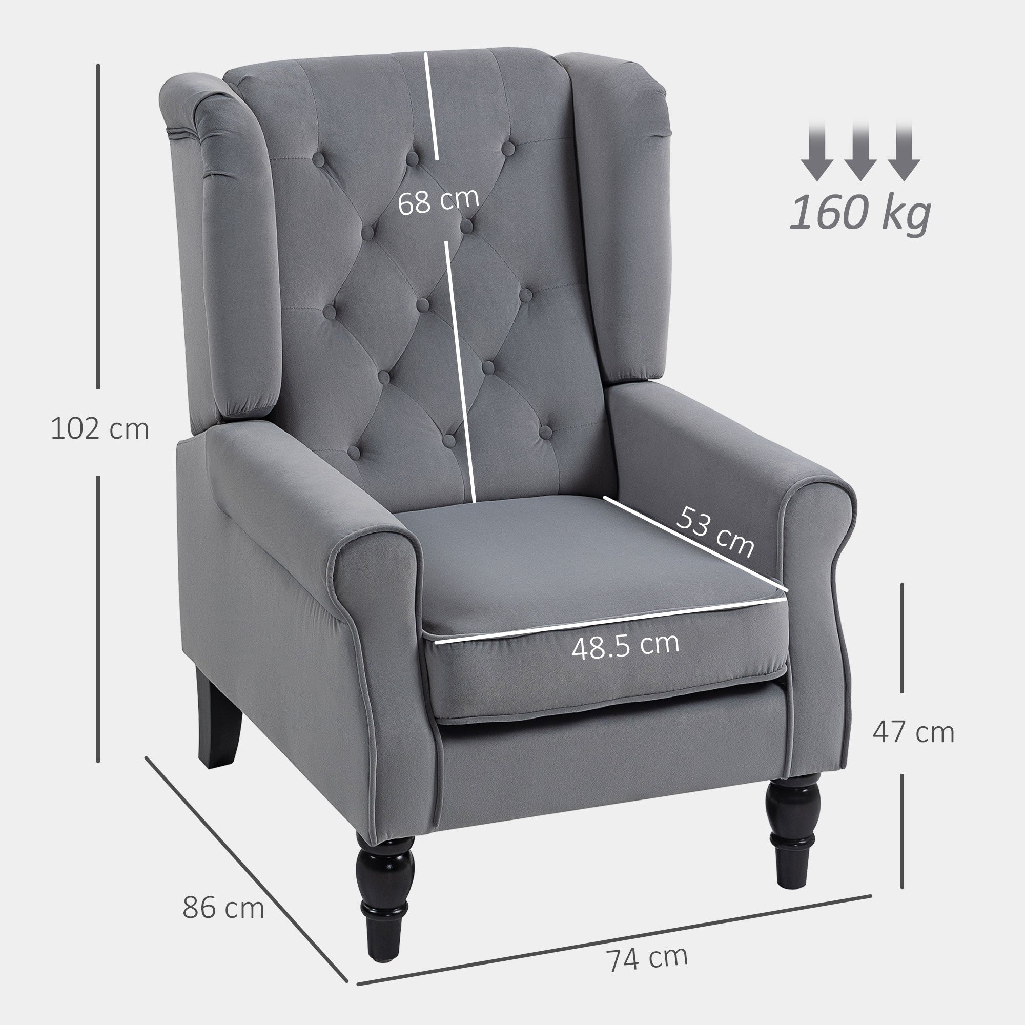 Retro Accent Chair, Velvet Wingback Armchair with Wood Frame Button Tufted Design for Living Room Bedroom, Light Grey