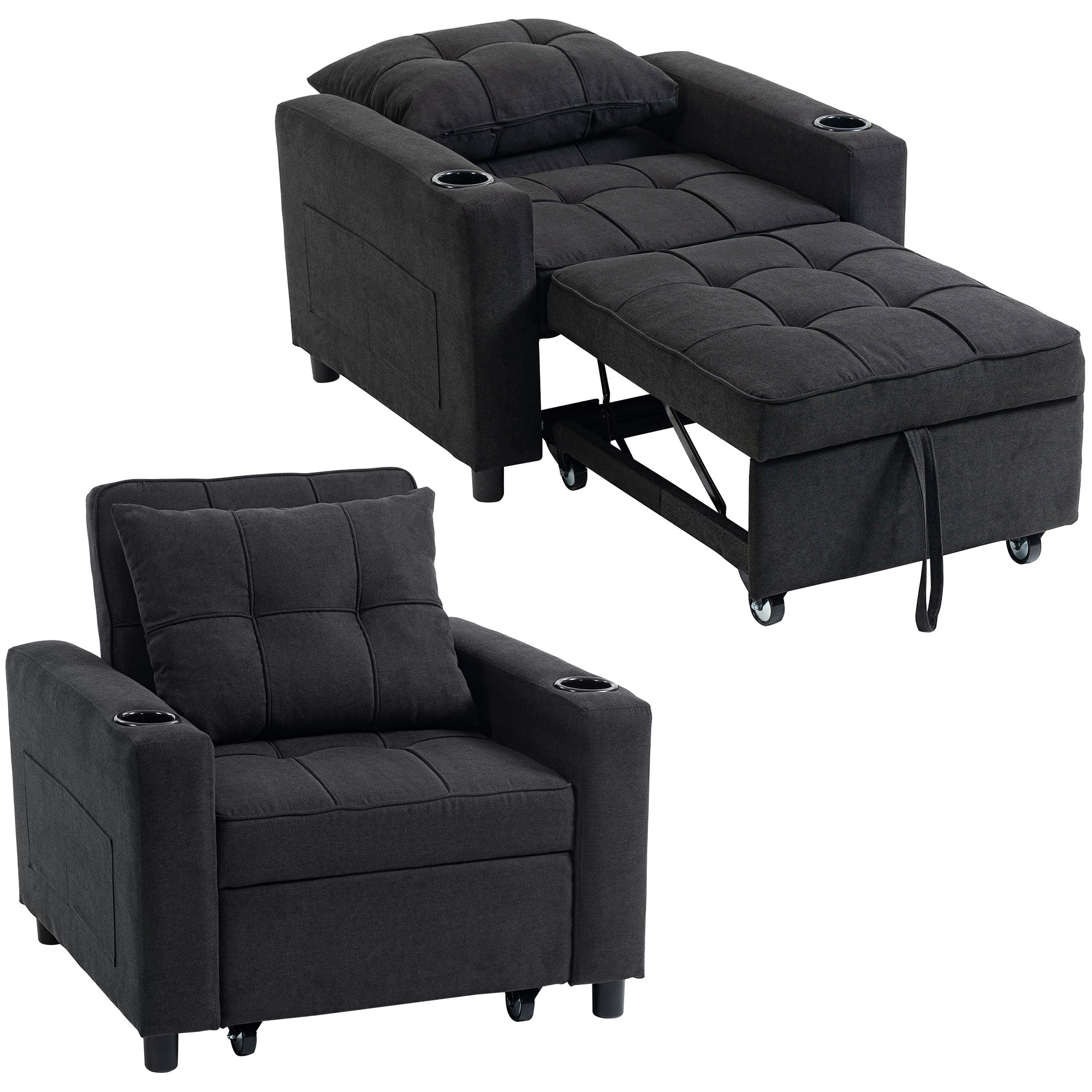 3-in-1 Single Sofa Bed, Convertible Sleeper Chair Bed with Adjustable Backrest, Fabric Pull Out Chair with Pillow, Side Pockets and Cup Holders for Living Room, Bedroom, Small Space, Black