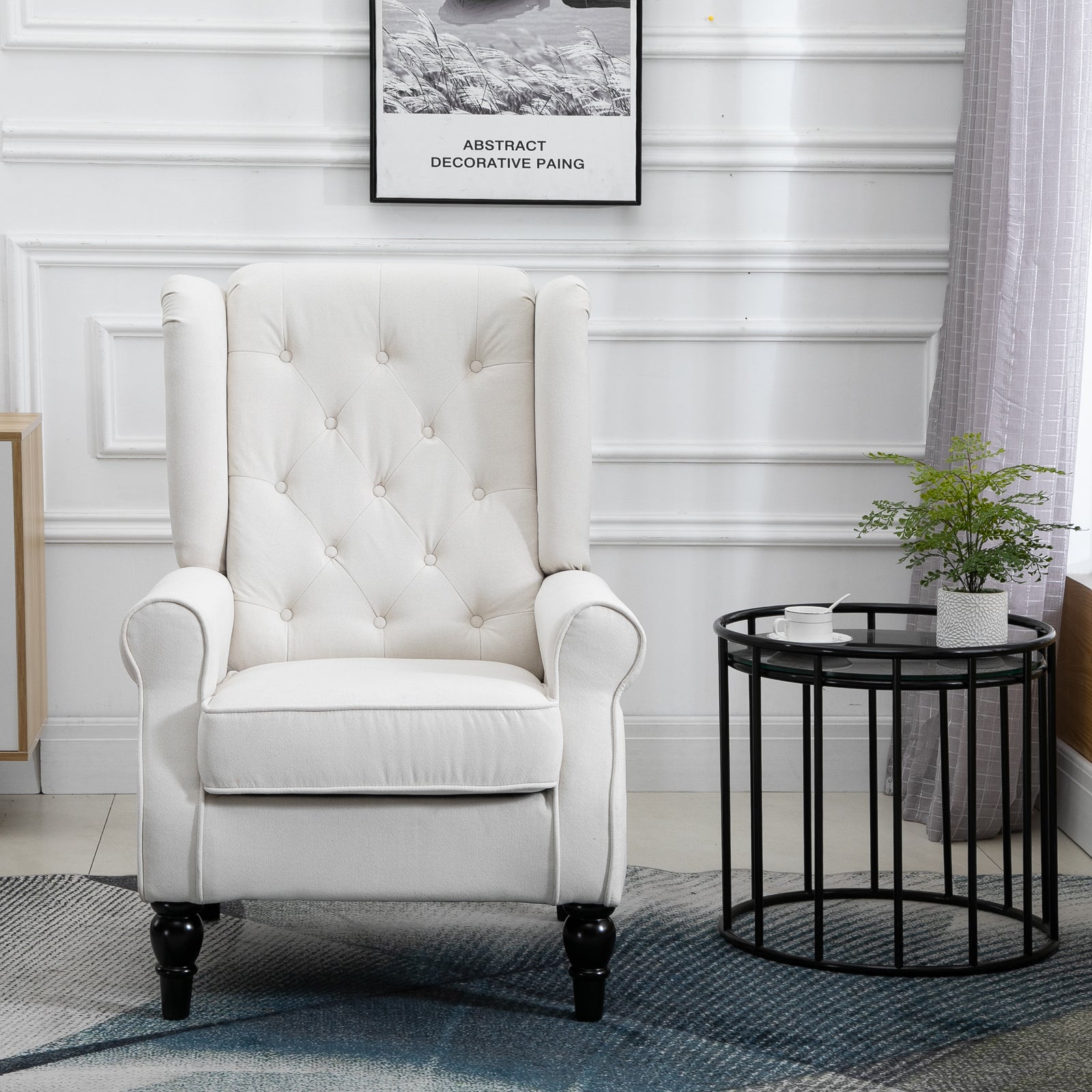 Mid-Century Accent Chair w/ High Wingback, Button-Tufted Fabric & Retro Wood Legs, Cream White