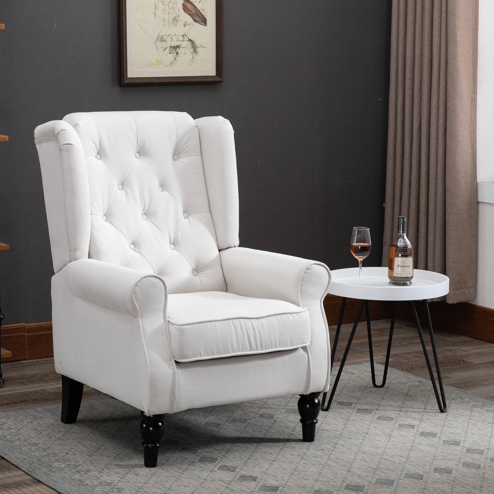 Mid-Century Accent Chair w/ High Wingback, Button-Tufted Fabric & Retro Wood Legs, Cream White