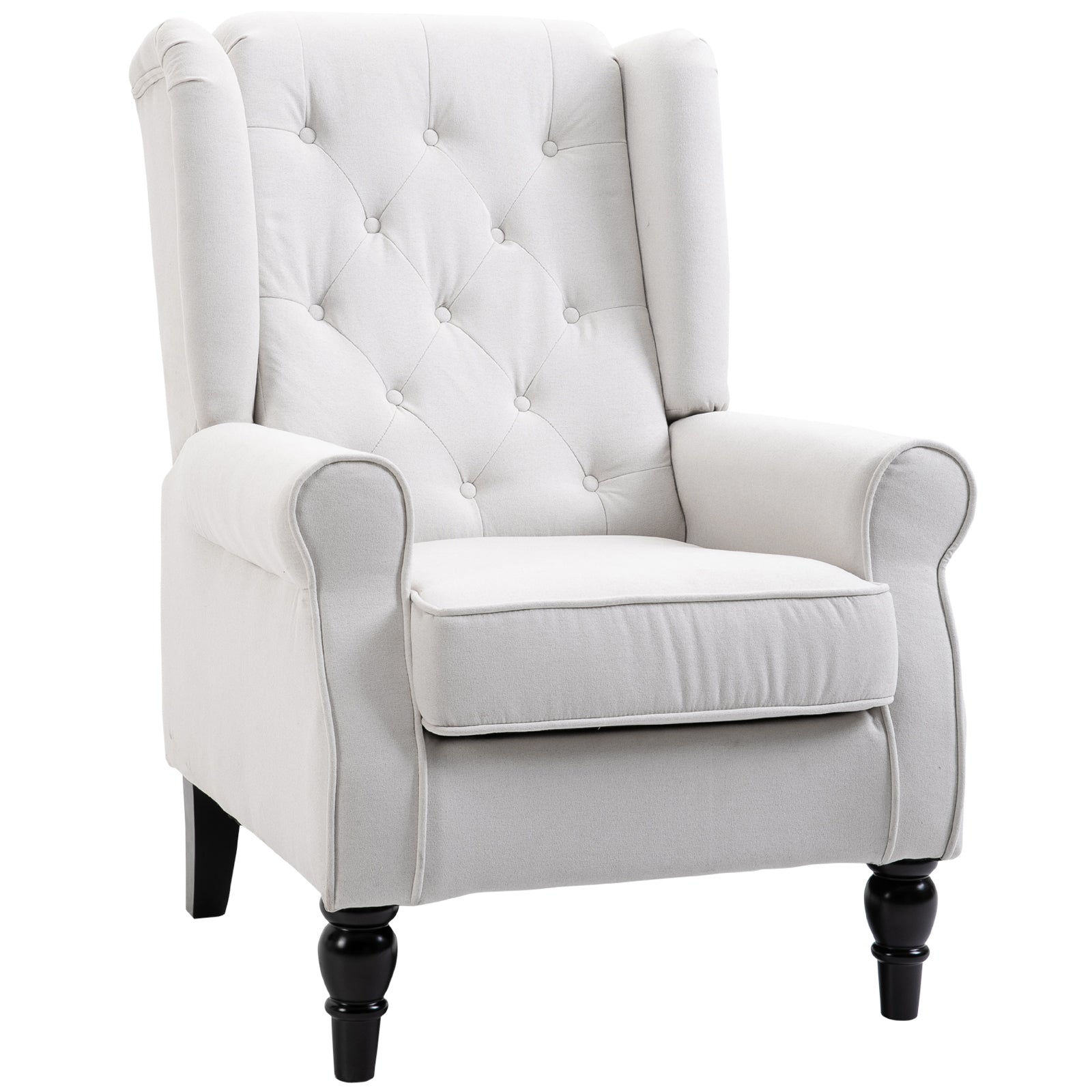 Mid-Century Accent Chair w/ High Wingback, Button-Tufted Fabric & Retro Wood Legs, Cream White