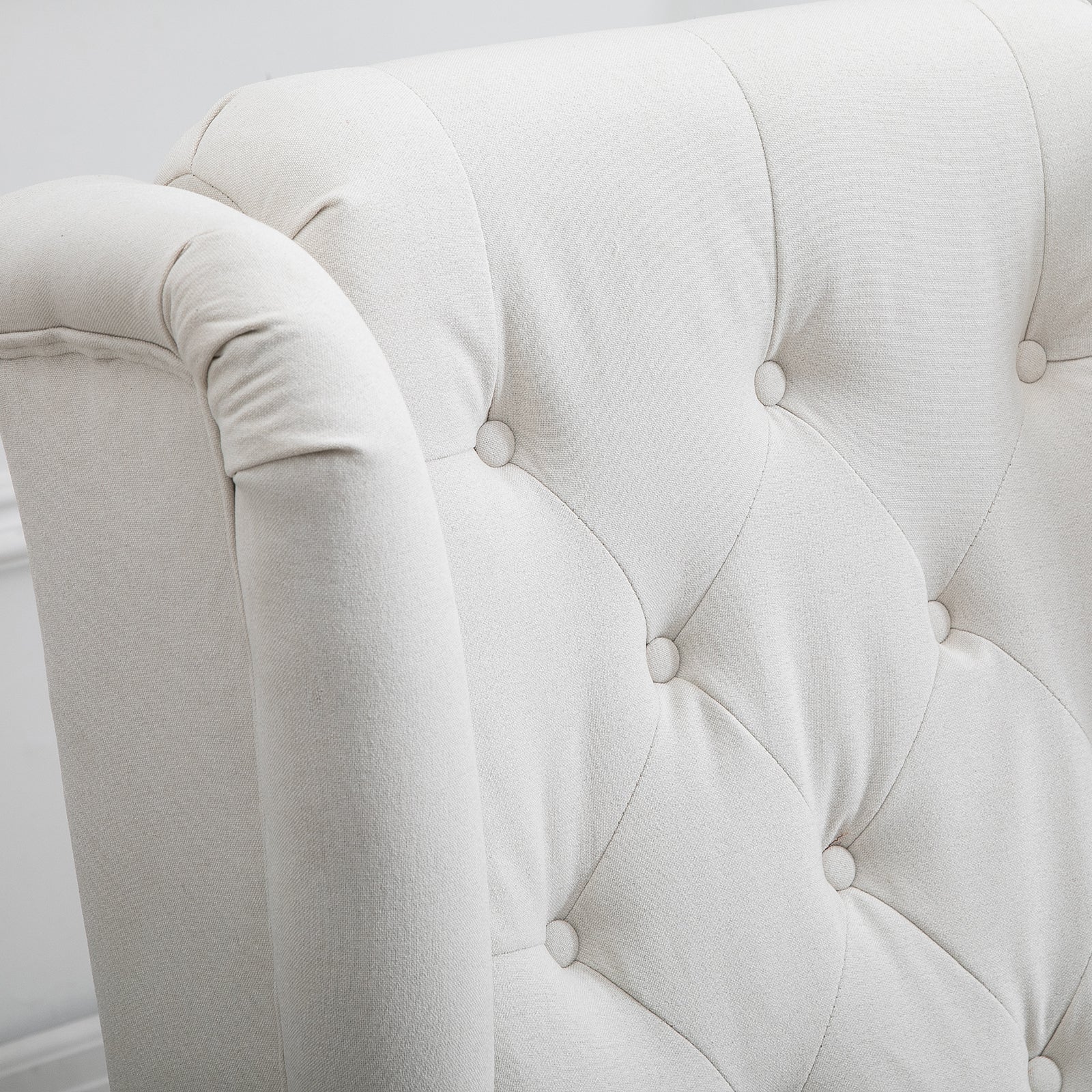 Mid-Century Accent Chair w/ High Wingback, Button-Tufted Fabric & Retro Wood Legs, Cream White