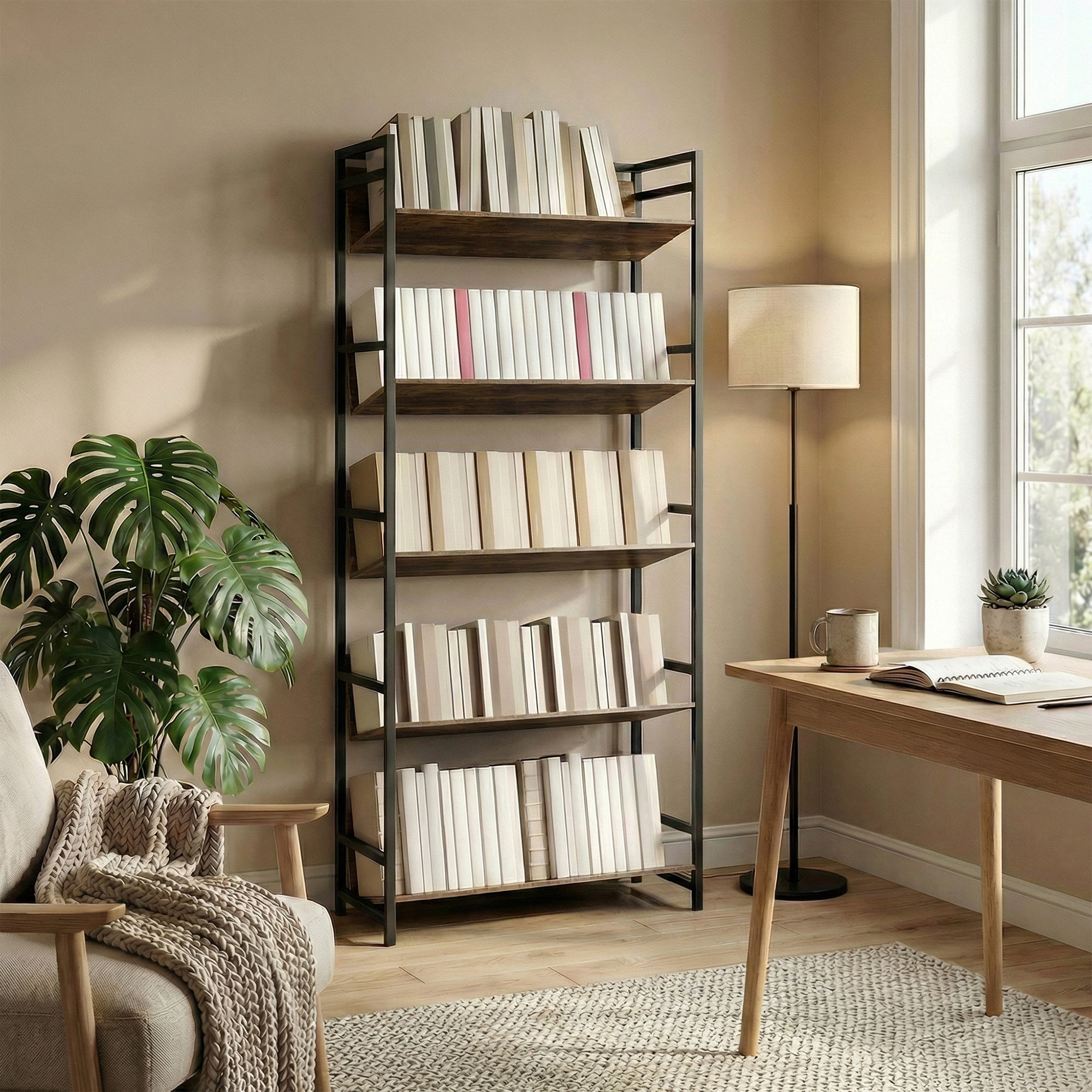 Room Divider Bookshelf, 5-Tier Bookcase, Storage Shelves with Metal Frame and Anti-Slip Design for Living Room, Bedroom, Home Office, Rustic Brown