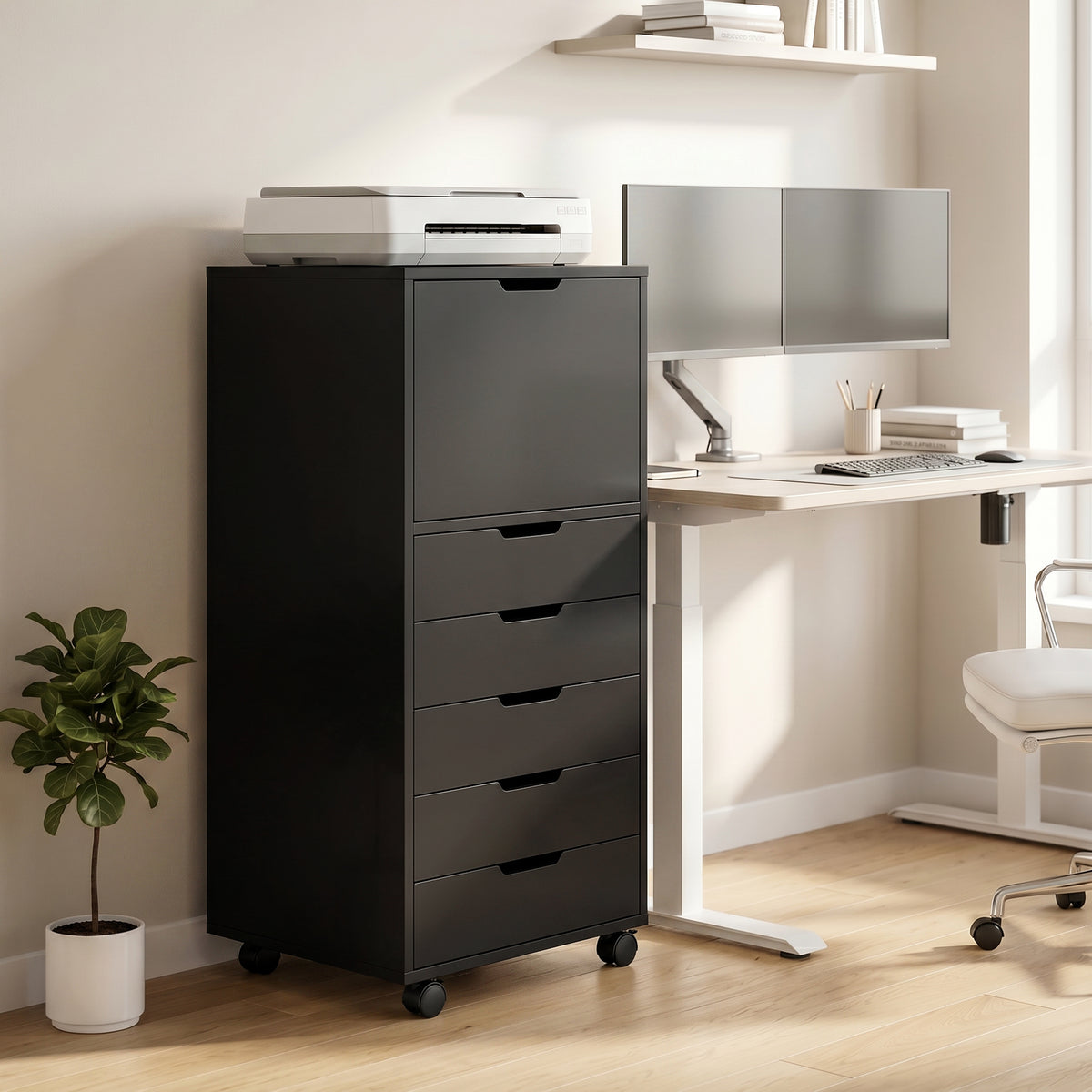 5 Drawer Vertical File Cabinet with Lockable Wheels and Soft-Close Cabinet, Mobile Filing Cabinet for Home Office, Rolling Printer Stand for A4 Letter-Size Documents, Black