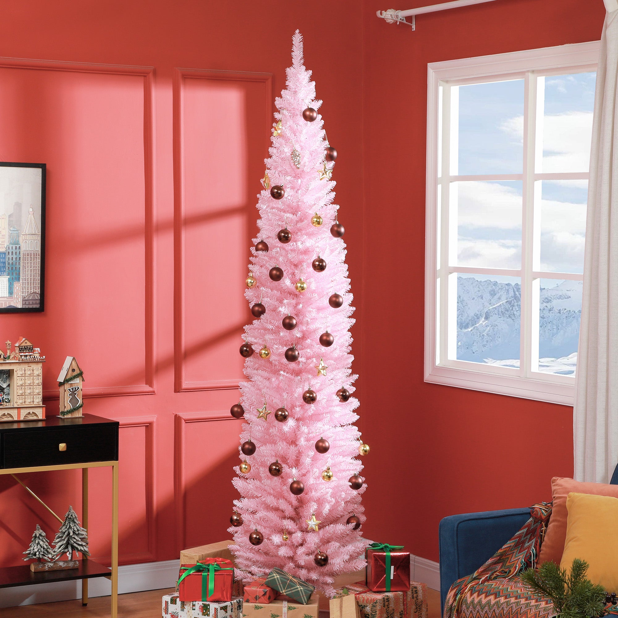 8ft Pencil Artificial Christmas Tree with Realistic Branches,618 Tips,Plastic Base, Pink
